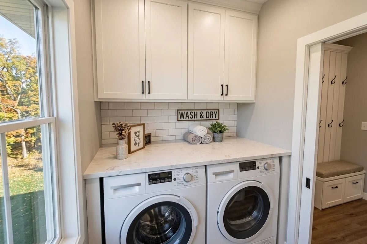 Marble Countertop Over Side-by-Side Washer and Dryer Makes Laundry Feel Less Like a Chore