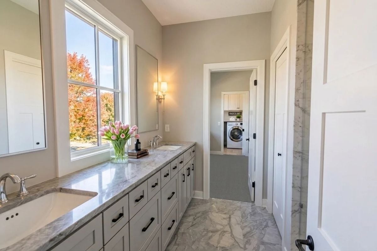 Marble Countertops and Pink Tulips Pull Double Duty in This Master Bath