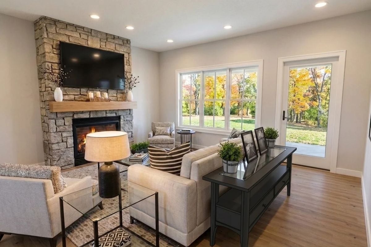 Stone Fireplace Wall with TV Mount Does the Heavy Lifting in This Living Room