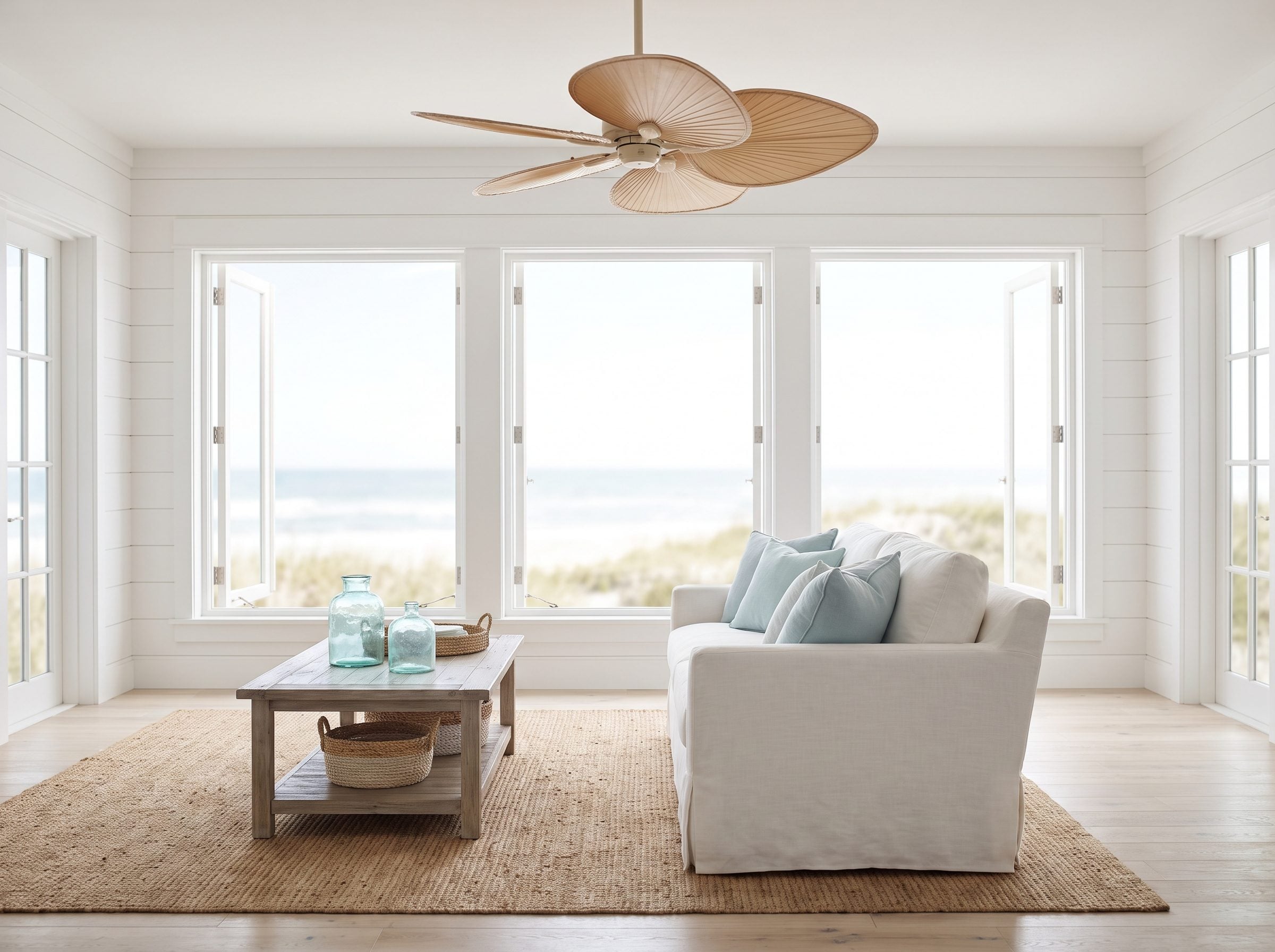 Coastal living room with a woven palm-leaf ceiling fan spanning about 52 inches hung roughly 9 feet above the floor over a