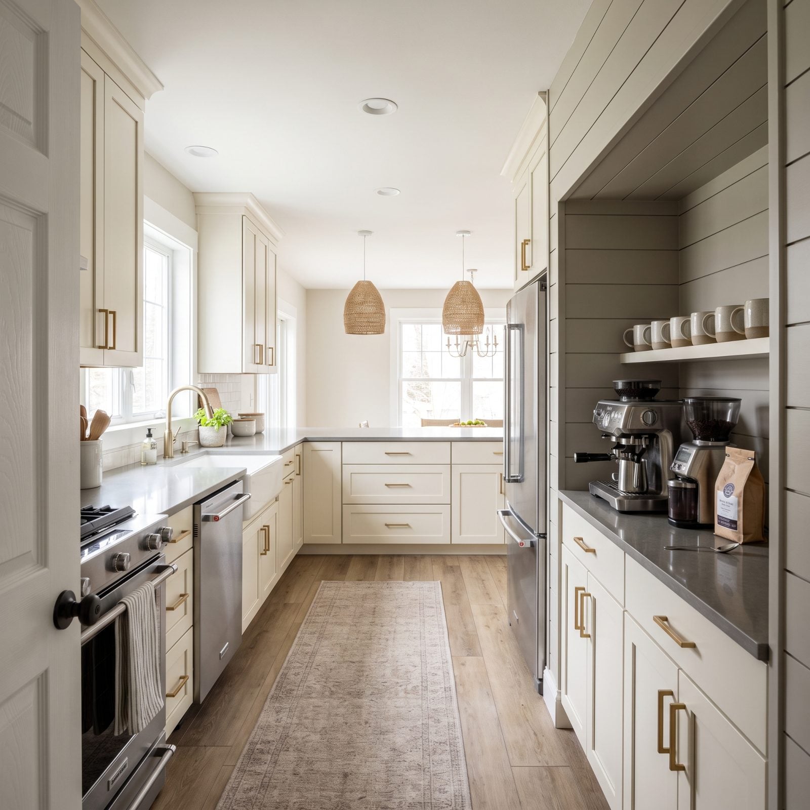 Cream kitchen with a coffee station on the far wall, positioned across the room from the sink and trash cabinet.