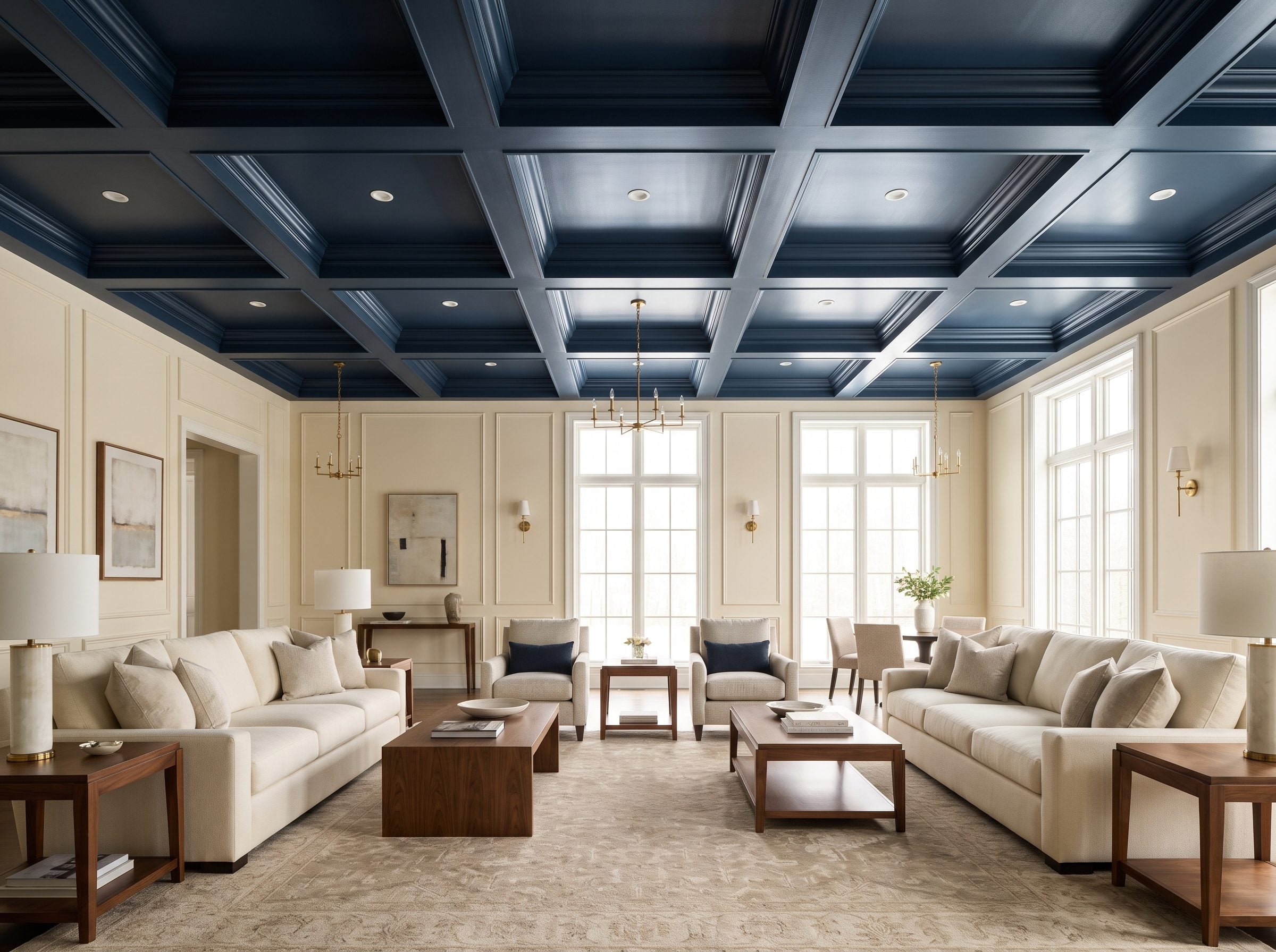 Living room with a nine-panel coffered ceiling painted navy blue above two facing cream sofas and a walnut coffee table.