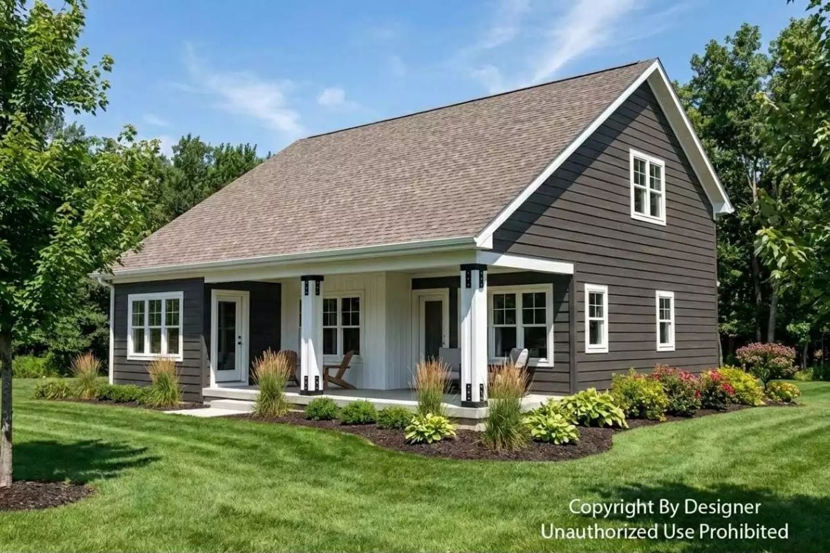 Dark Siding, White Trim, and a Porch Wide Enough to Actually Use