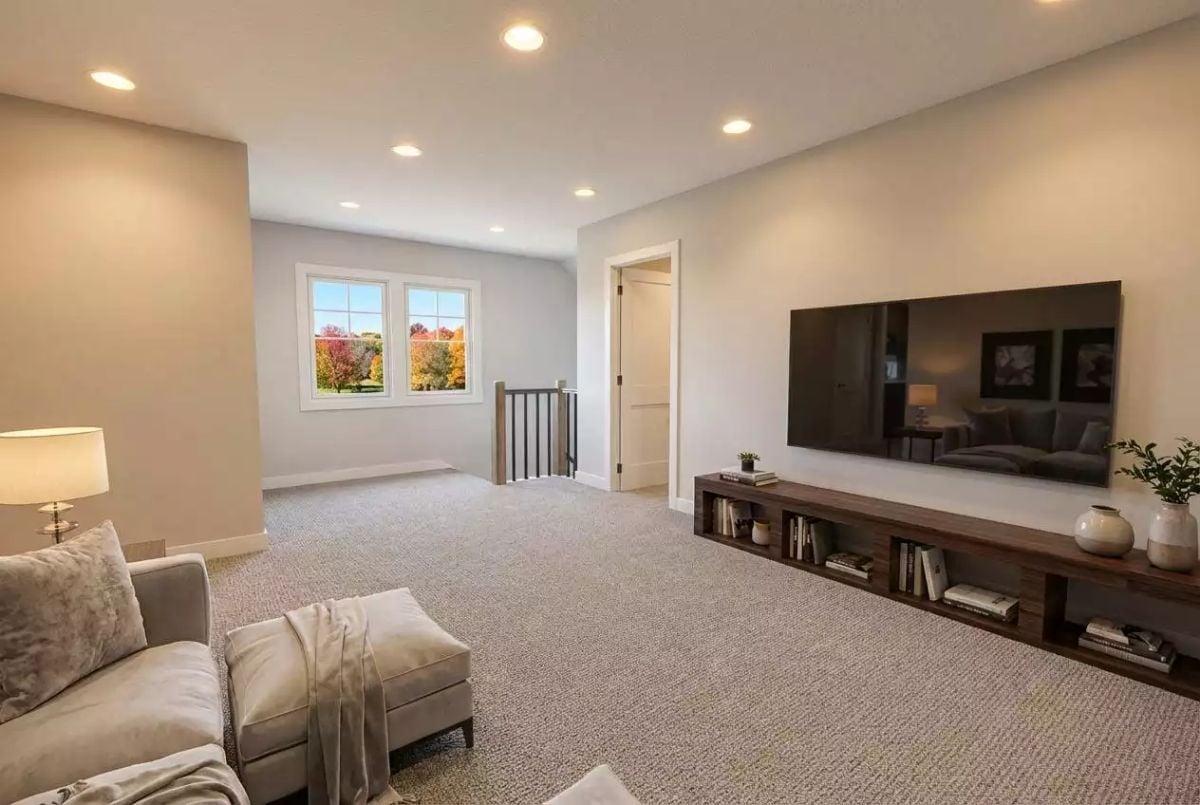Loft Living With a Low Shelf, Carpet Underfoot, and Autumn Just Outside