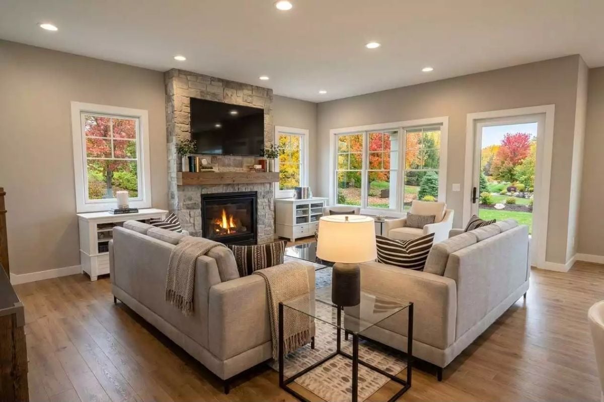 Stone Fireplace, Autumn Views, and Two Sofas Angled Just Right
