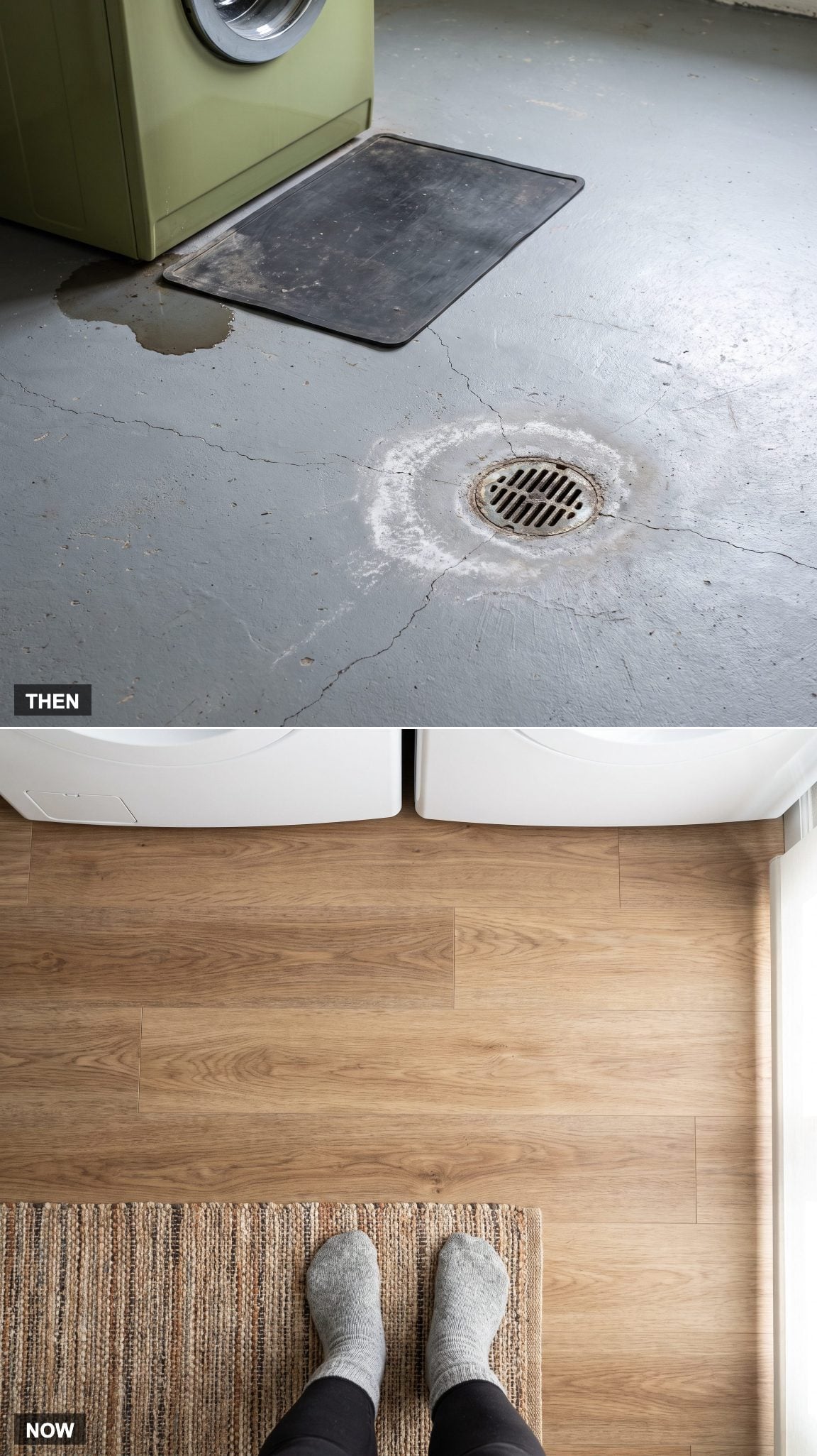 Concrete laundry floor replaced with finished moisture-resistant flooring