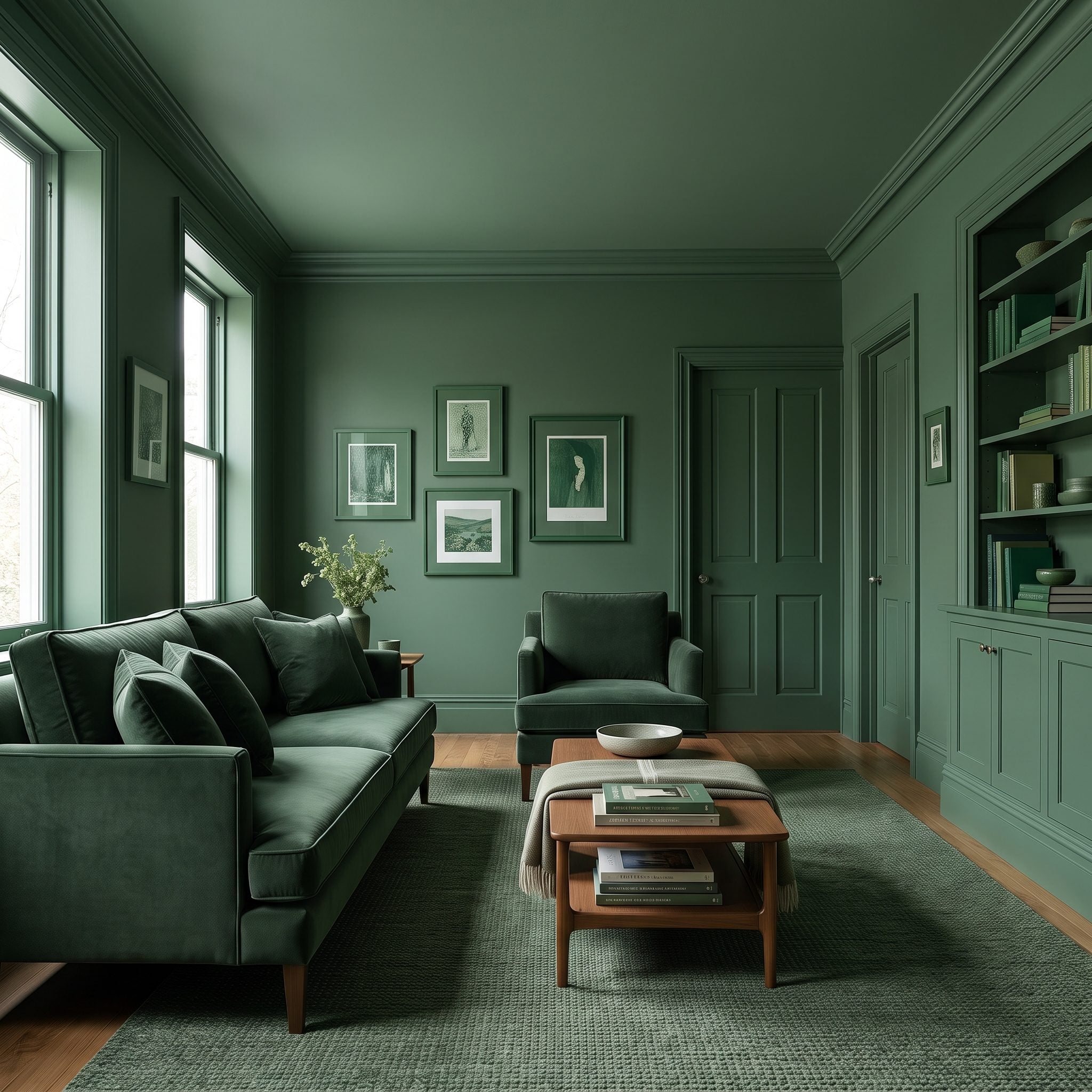 Living room color-drenched in deep blue-green across walls, trim, doors, and ceiling