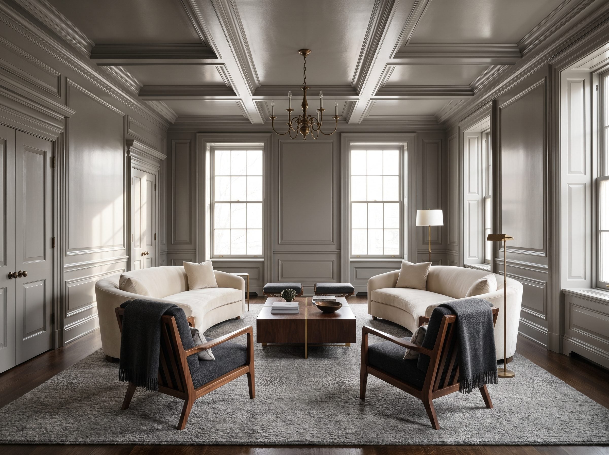 Formal sitting room with walls, trim, door and ceiling all painted the same warm mid-gray, furnished with an 84-inch cream