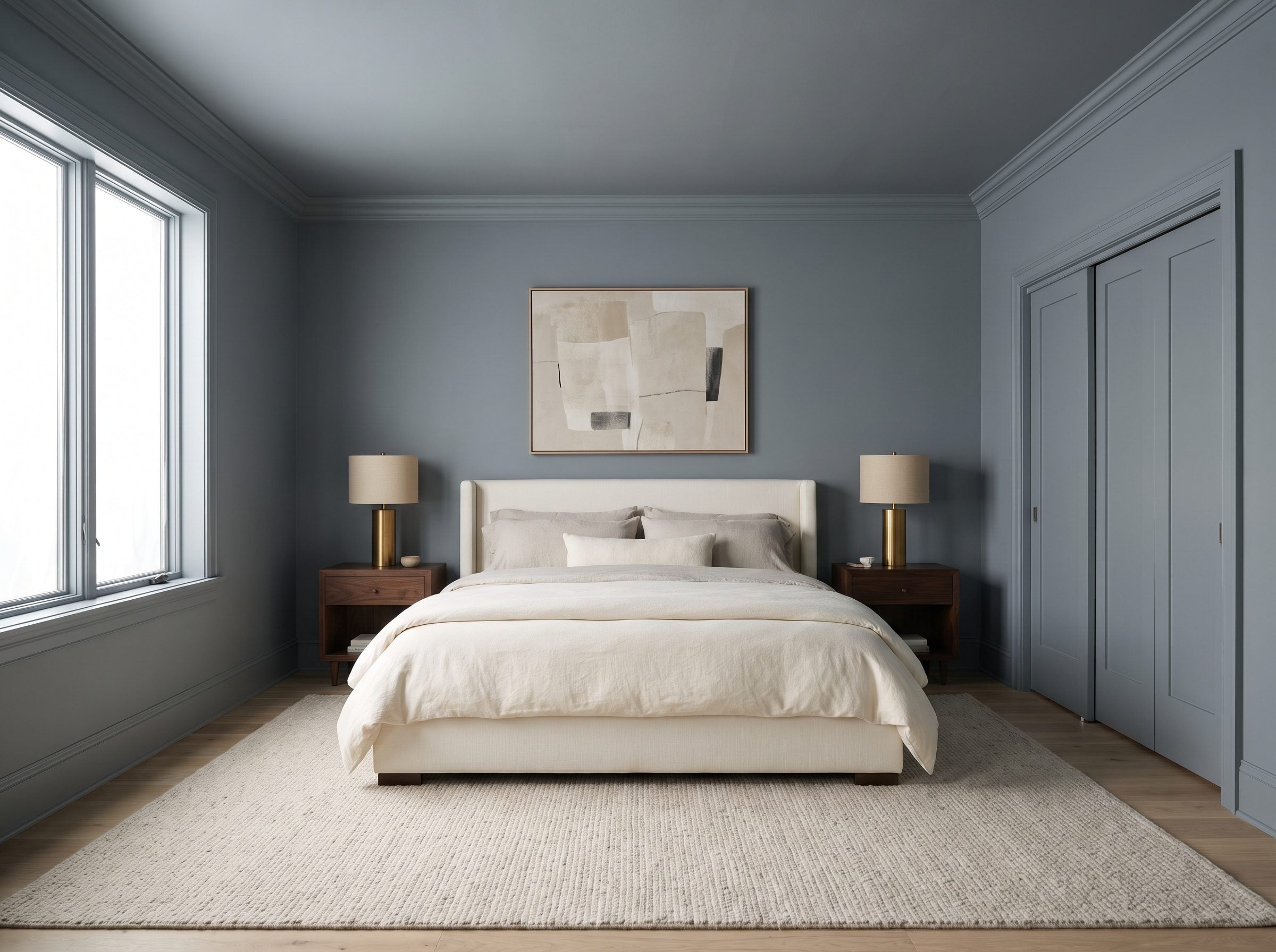 Bedroom painted one grayish-blue color across the walls, trim, door, crown molding, and ceiling with an ivory bed and two