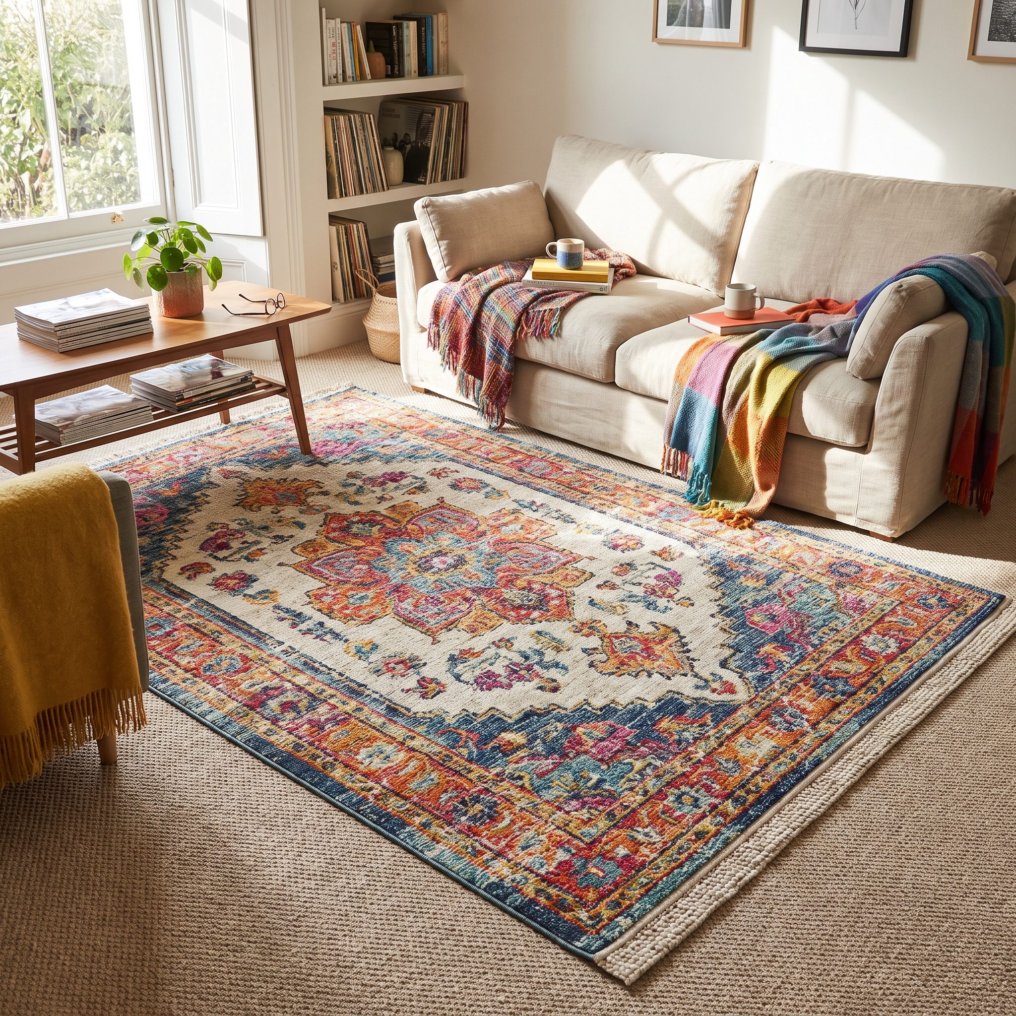 Living room with a red and indigo five-by-eight patterned rug centered on off-white wall-to-wall carpet