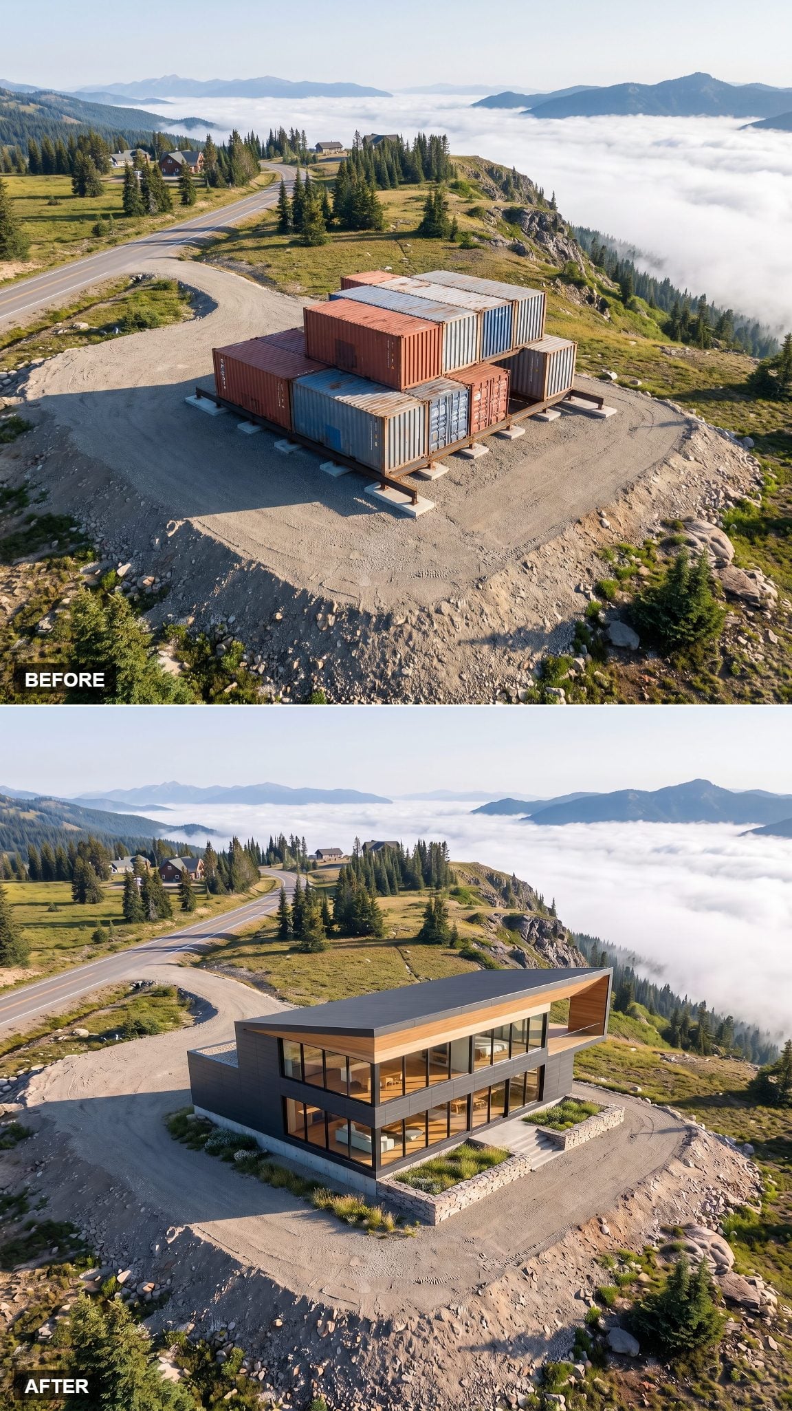 Compact container house concept with a long horizontal ribbon window