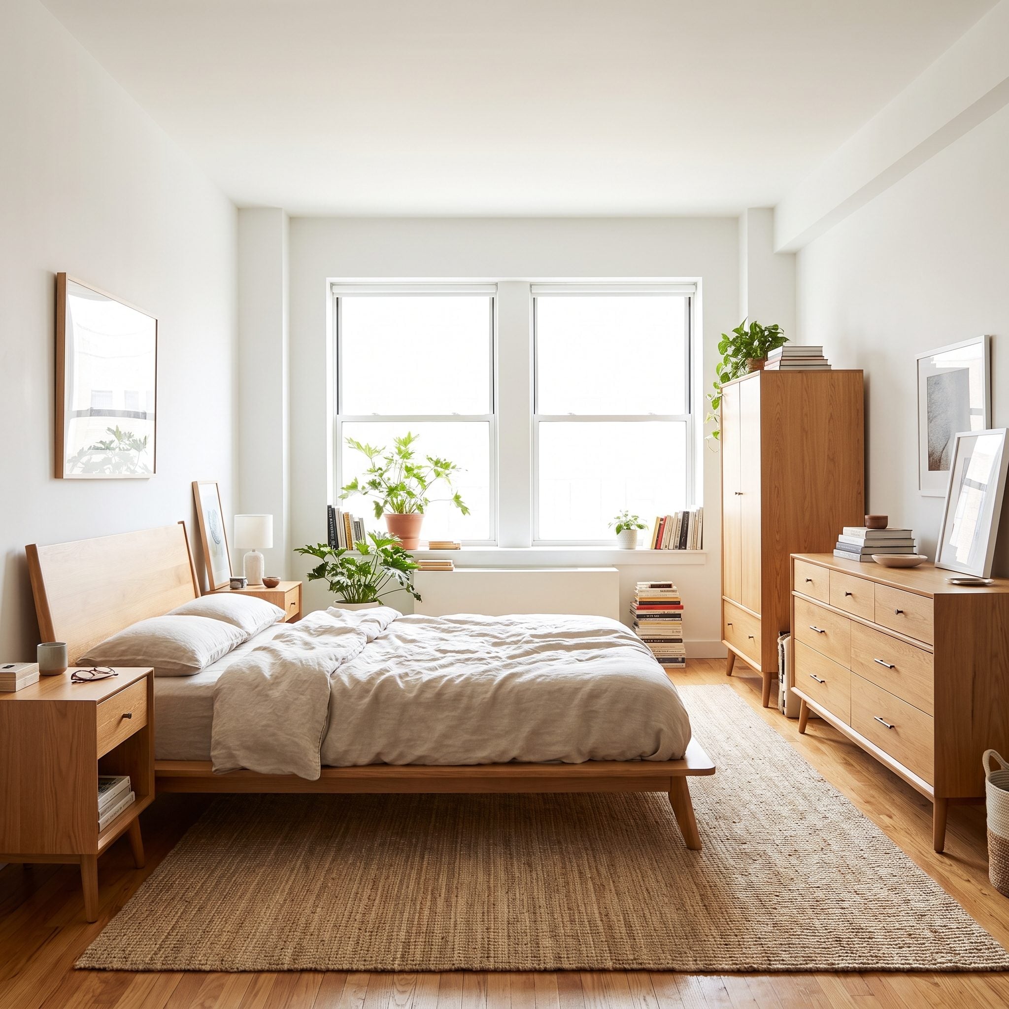 Bedroom with a matching walnut bed, two identical nightstands, and a dresser all in the same finish against white walls.