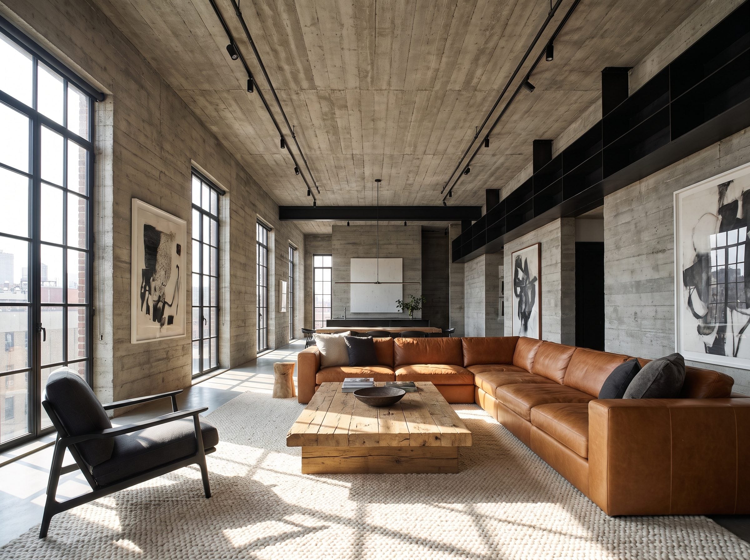 Loft living room with raw board-formed concrete walls and an eighty-four-inch cognac leather sofa on an ivory wool rug.