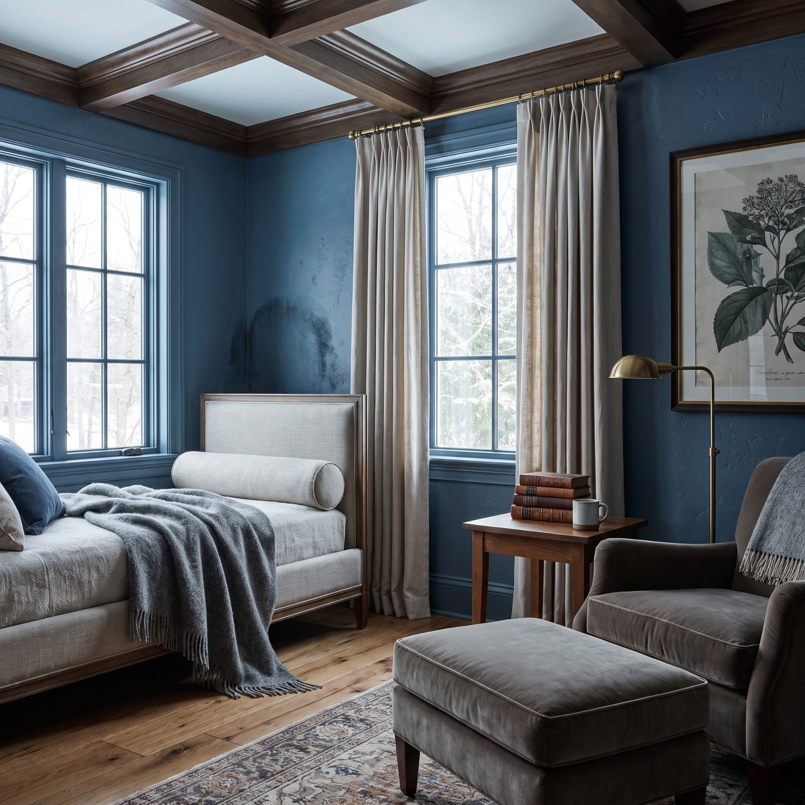 Bedroom with a bed under a window showing condensation on the glass and a faint damp patch on the wall above the headboard.