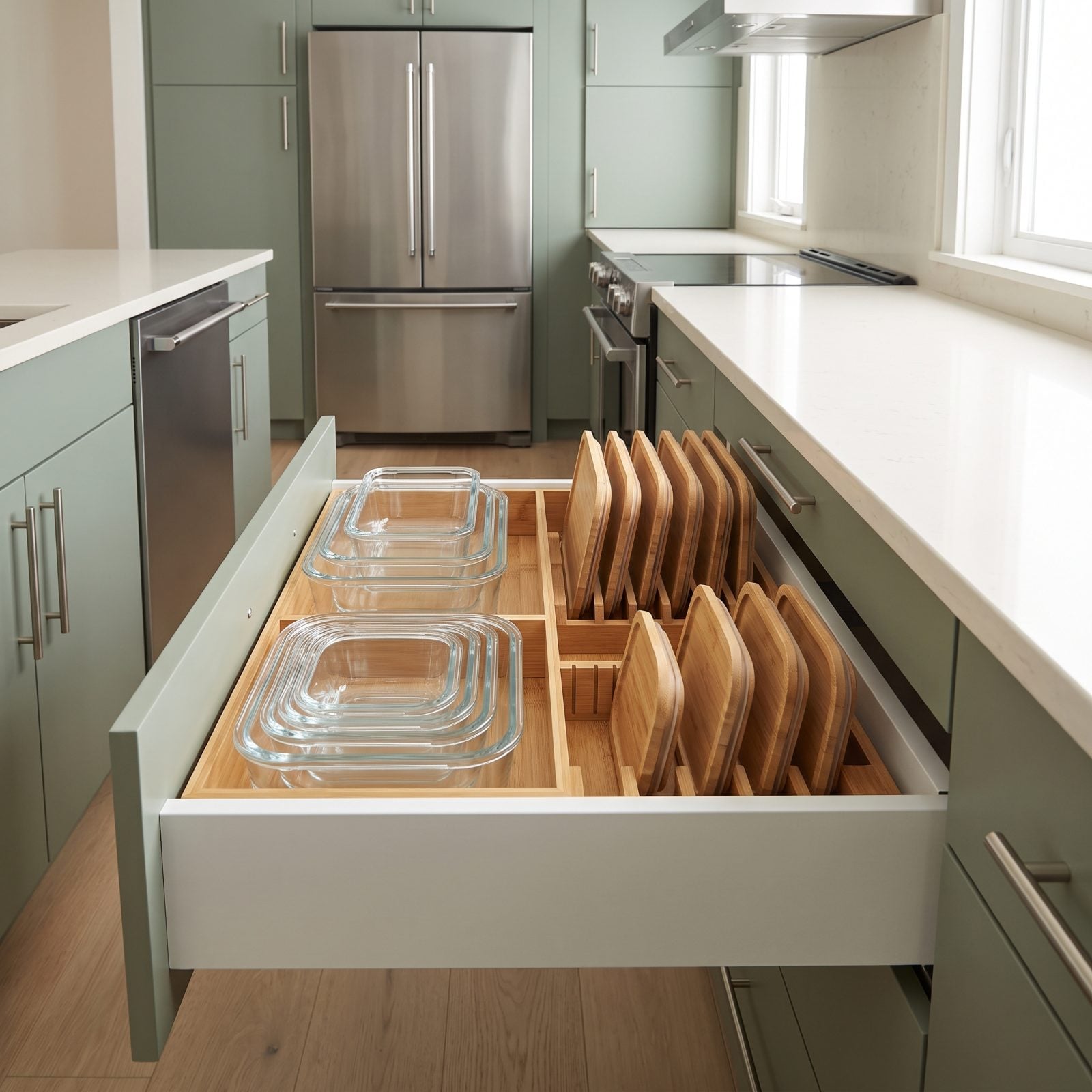 Food-Storage Containers and Lids Stored Together in a Dedicated Drawer