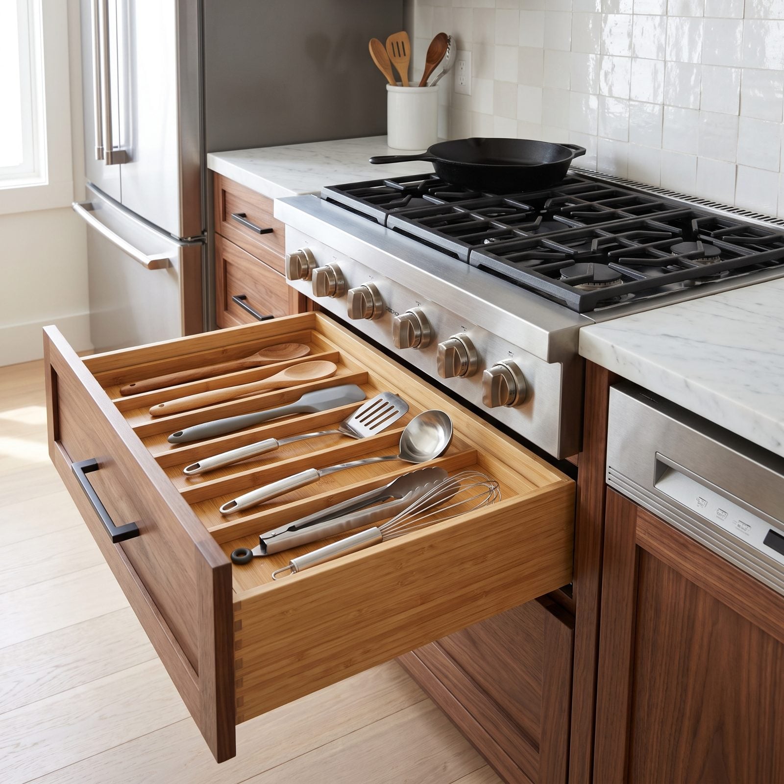 Cooking Utensils Stored in a Drawer Beside the Range