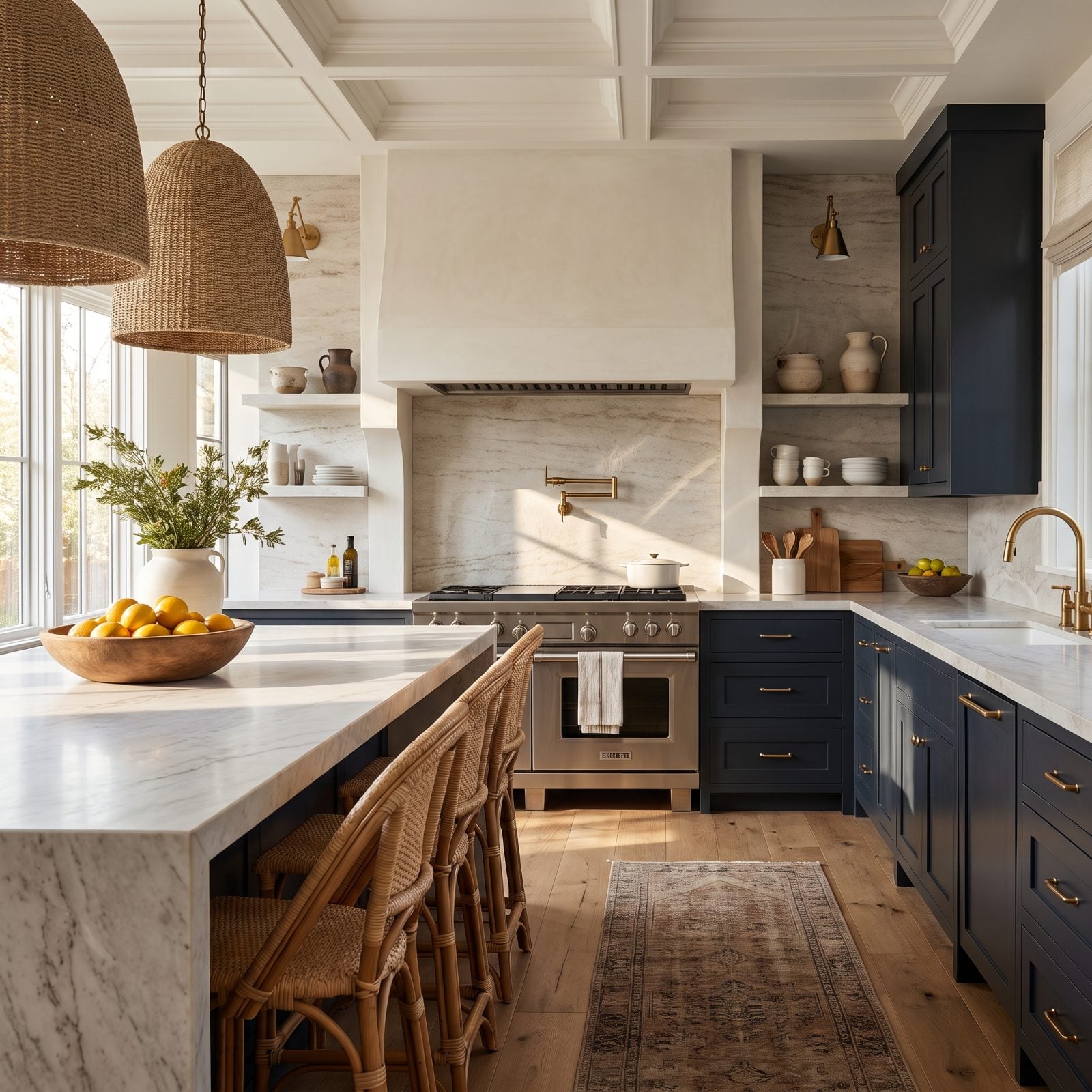White oak kitchen with a cooktop in the waterfall island, faint grease film on the nearby vertical stone.
