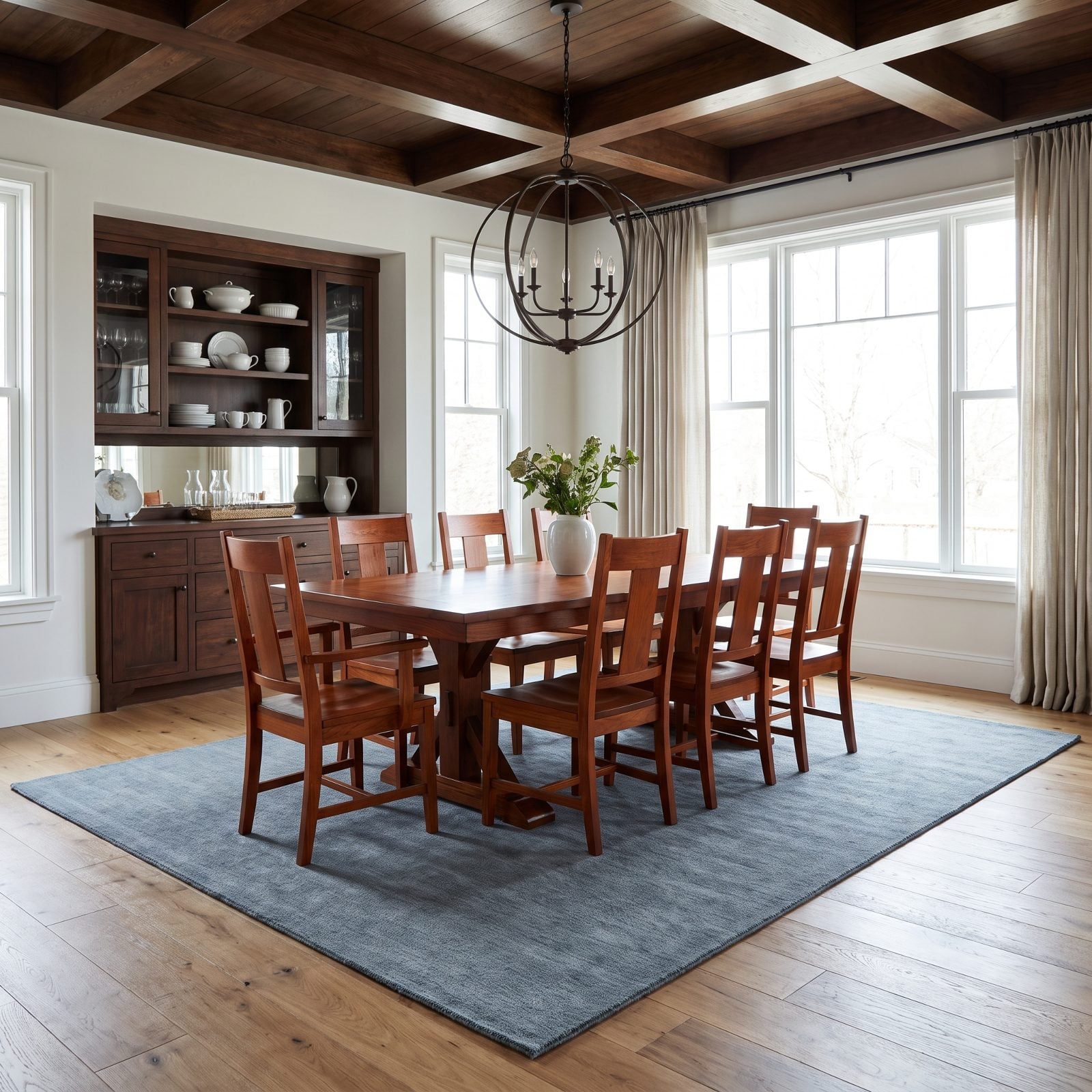 Dining room where a cool bluish-gray rug sits beneath a warm cherry-wood dining set, making the wood look orange.