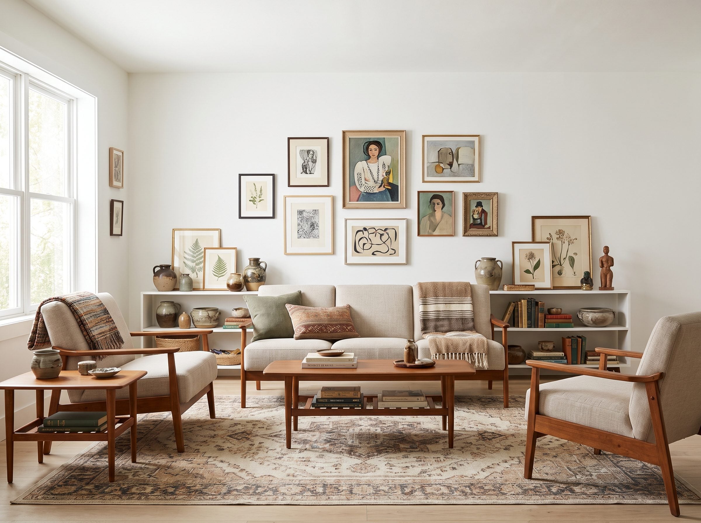 Living room with a matched taupe sofa, loveseat, and armchair set surrounded by a kilim rug, stacked books, a ceramic bowl,