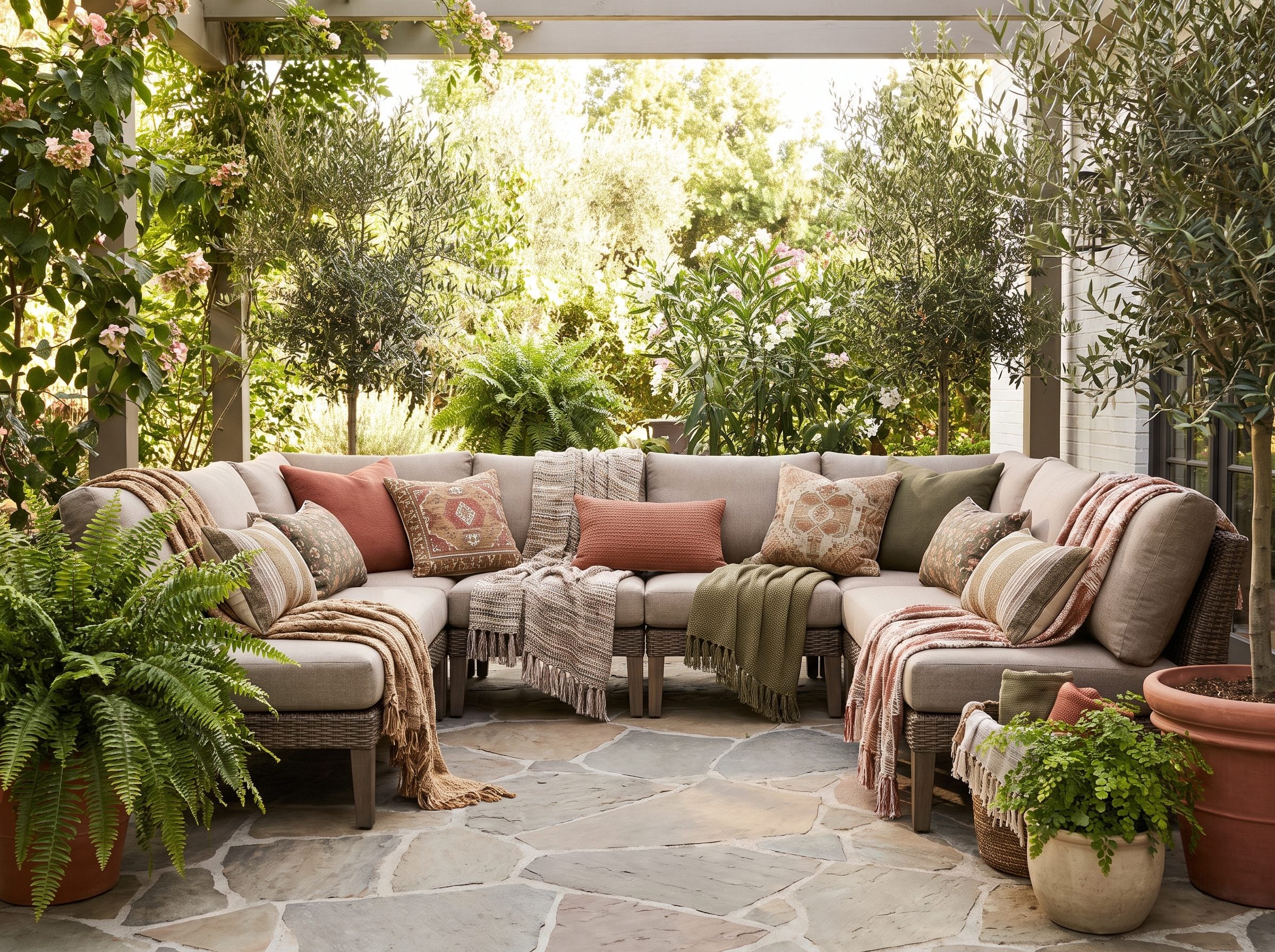 Covered patio with a matching four-piece teak sofa set holding off-white cushions and navy-striped lumbar pillows over a