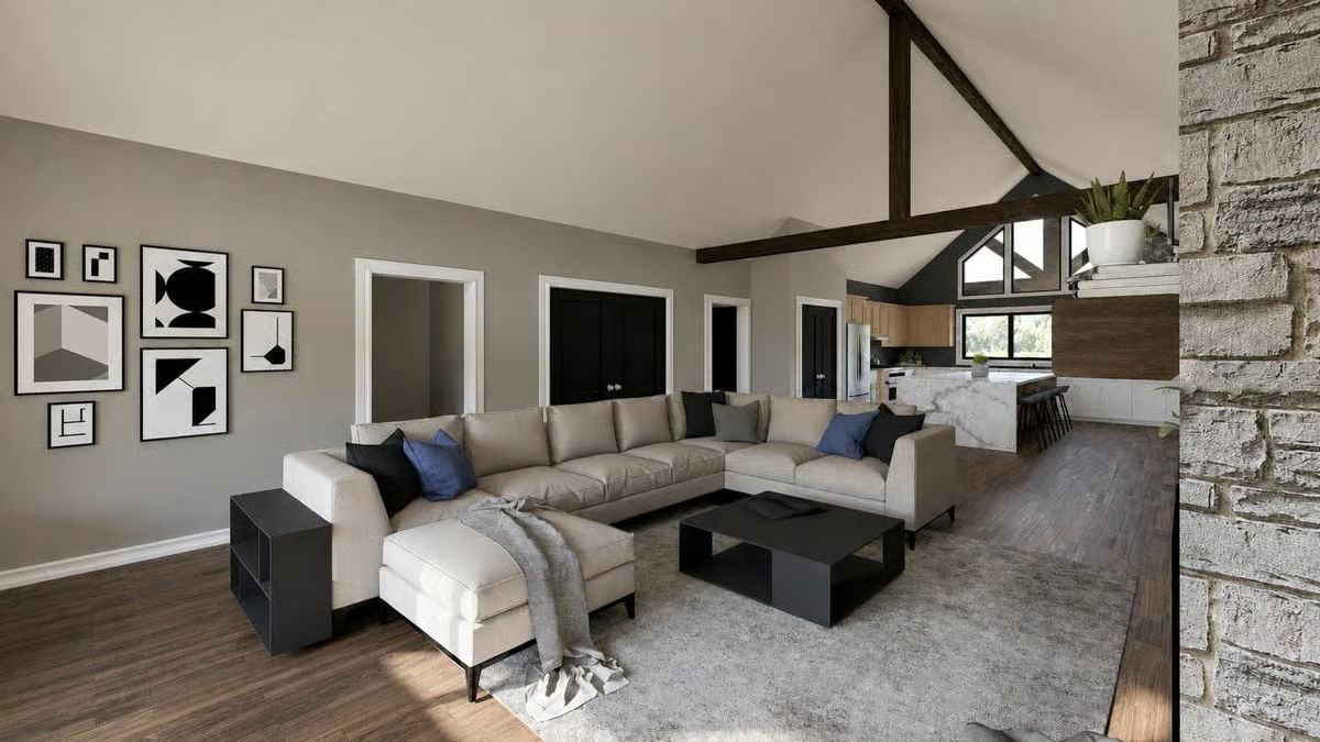 Vaulted Beams and a Stone Column That Pull the Whole Room Together