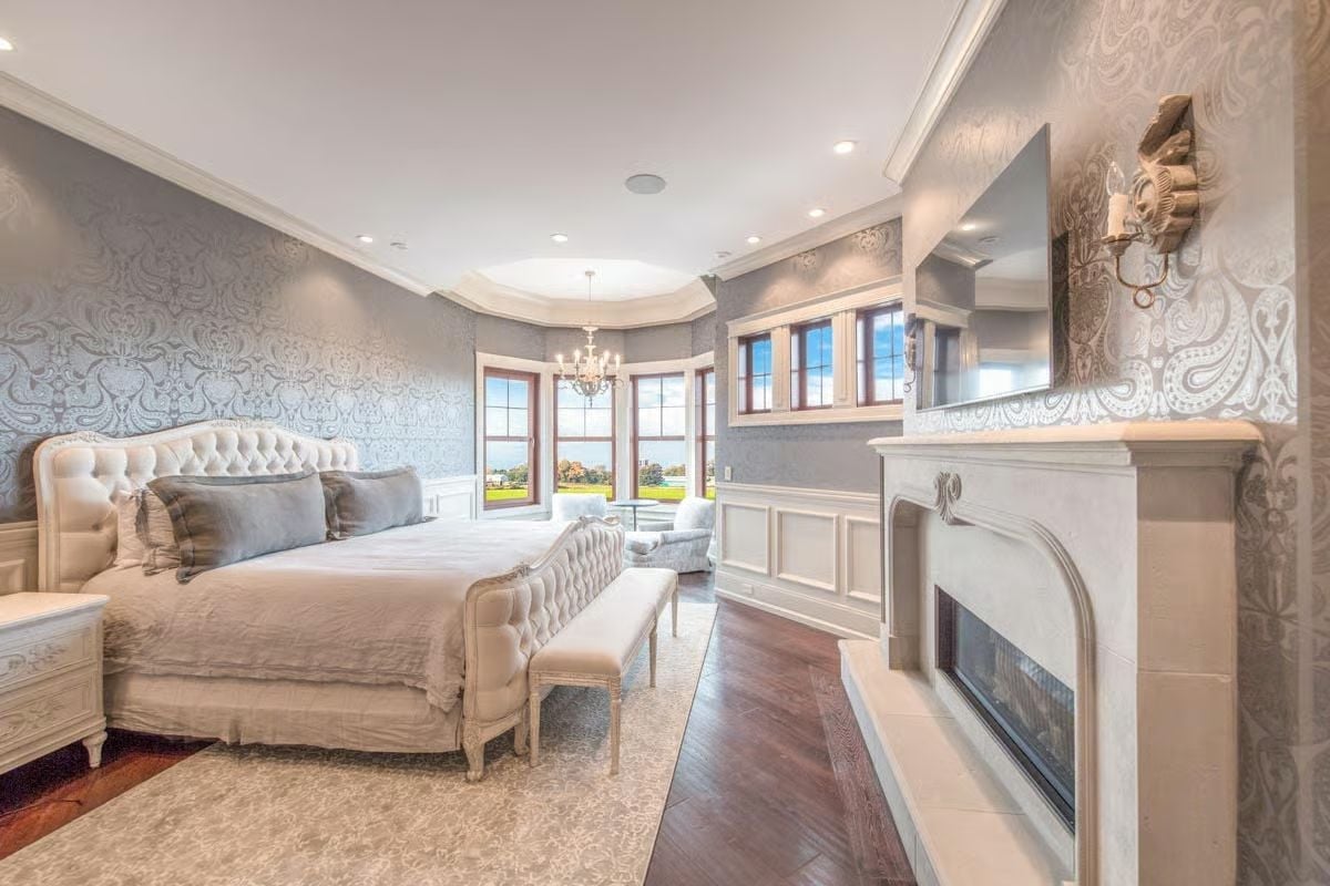 Damask Walls, Tufted Headboard, and a Fireplace You'd Actually Use in Bed