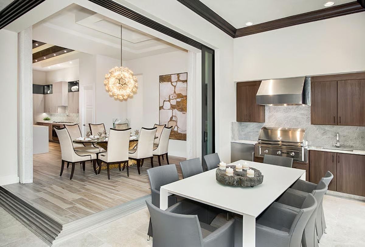Sliding Glass, Outdoor Grill, and Two Dining Tables That Make Sense Together