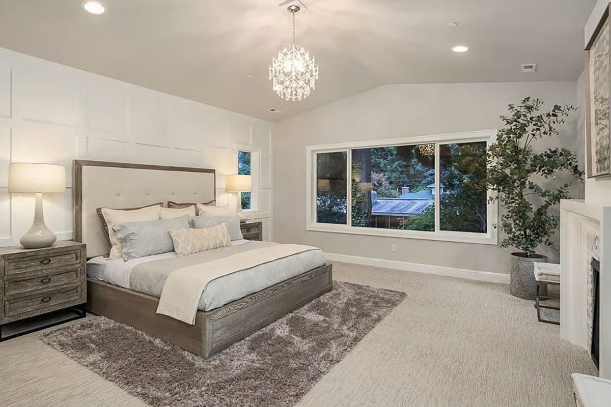 Crystal Chandelier, Tufted Headboard, and a Fireplace Nobody Expected in Here