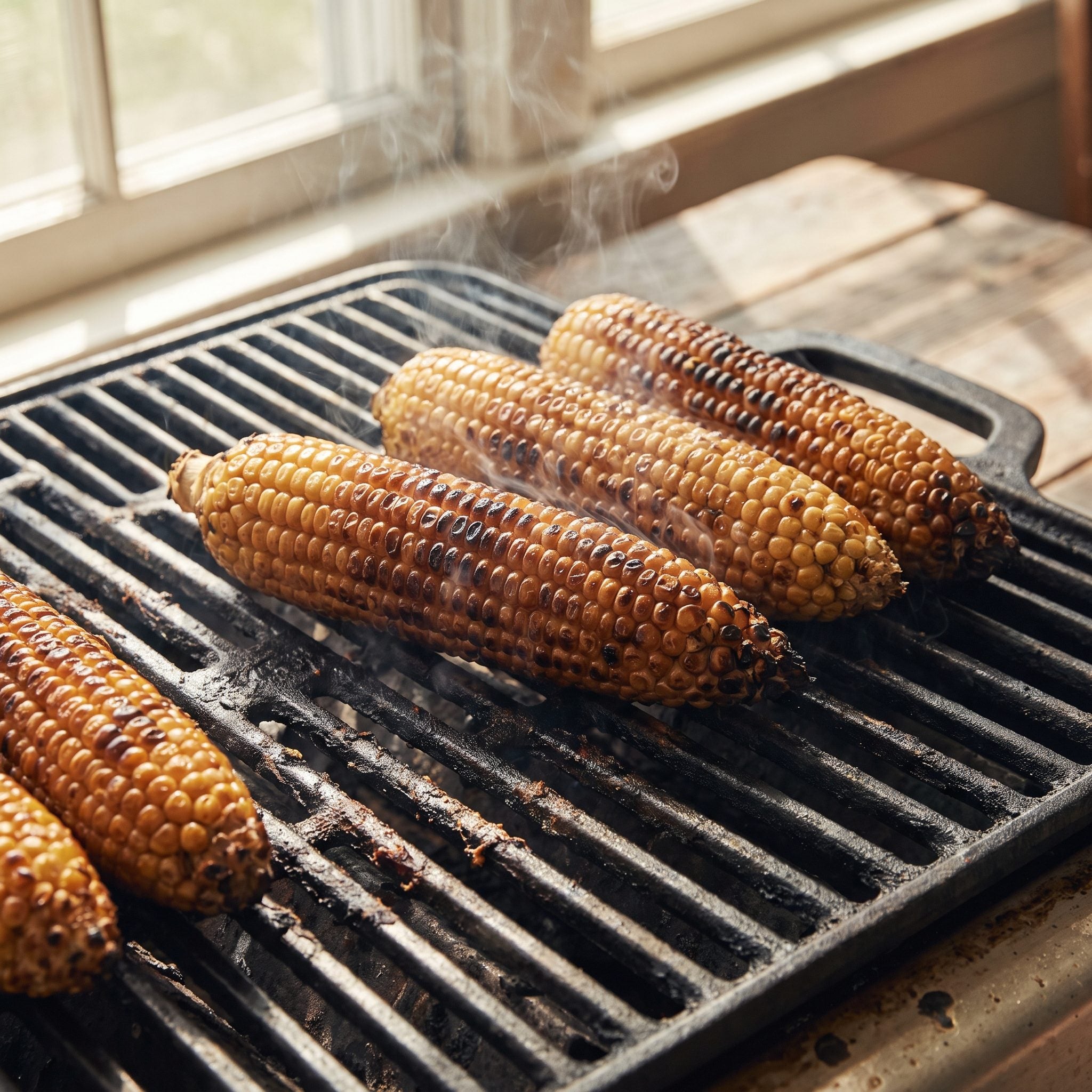 Corn on the cob charred around the edges on a barbecue grill