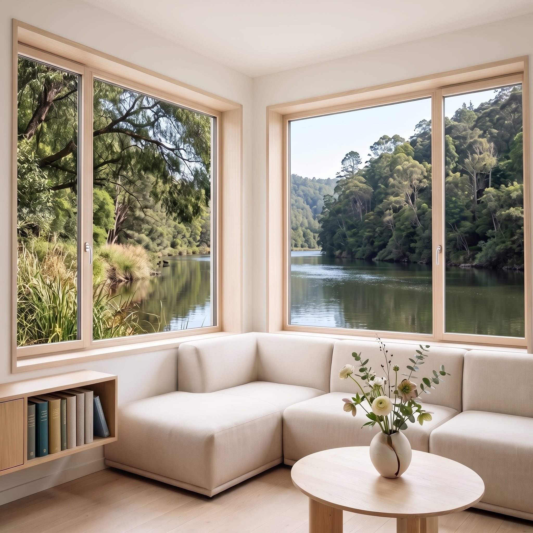 sofa in front of corner windows