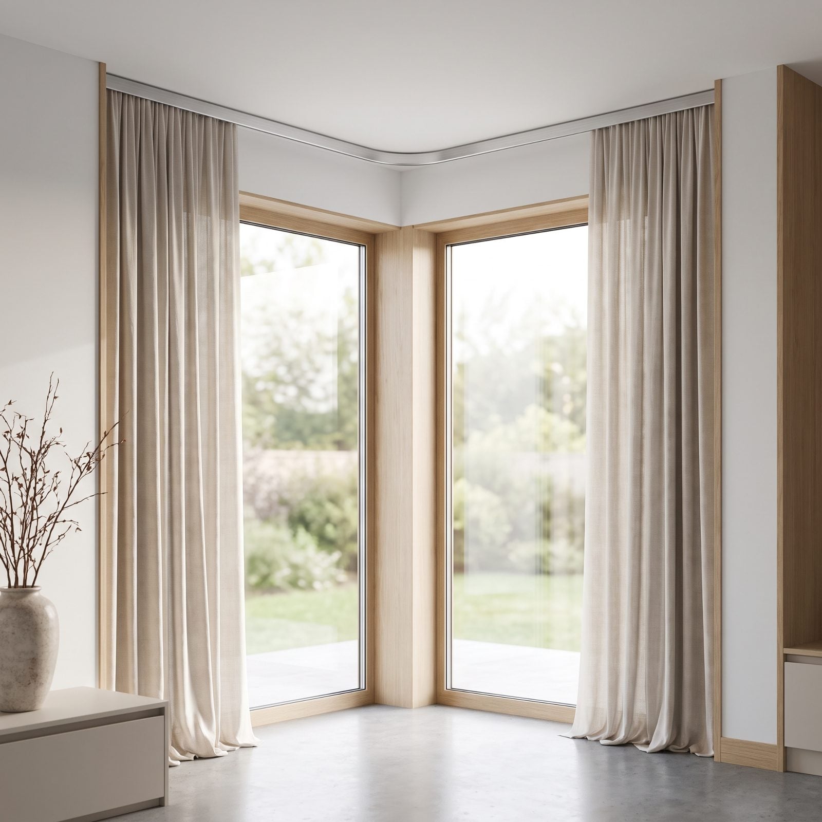 Corner Windows Joined by a Continuous Ceiling Track