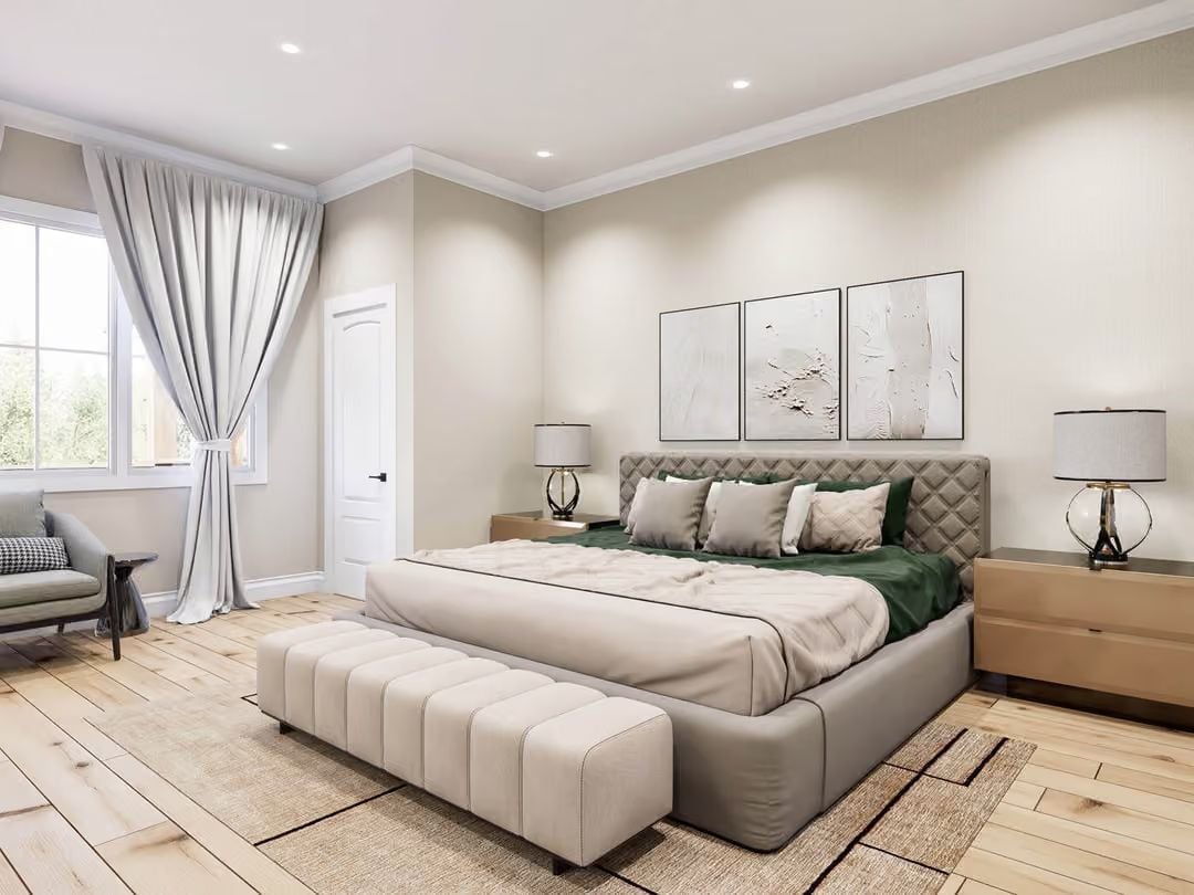 Quilted Headboard and Deep Green Bedding Make Empty Nesters Look Smart