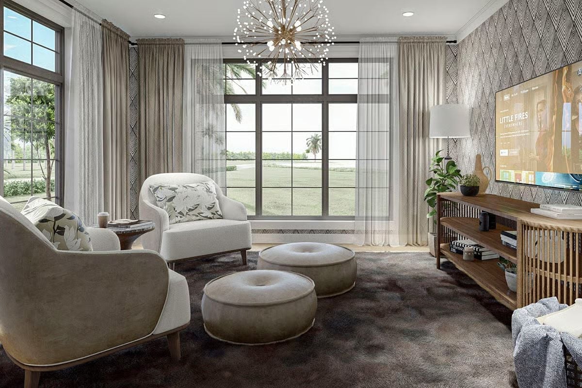 Sputnik Chandelier, Round Ottomans, and Wallpaper That Actually Earns Its Place