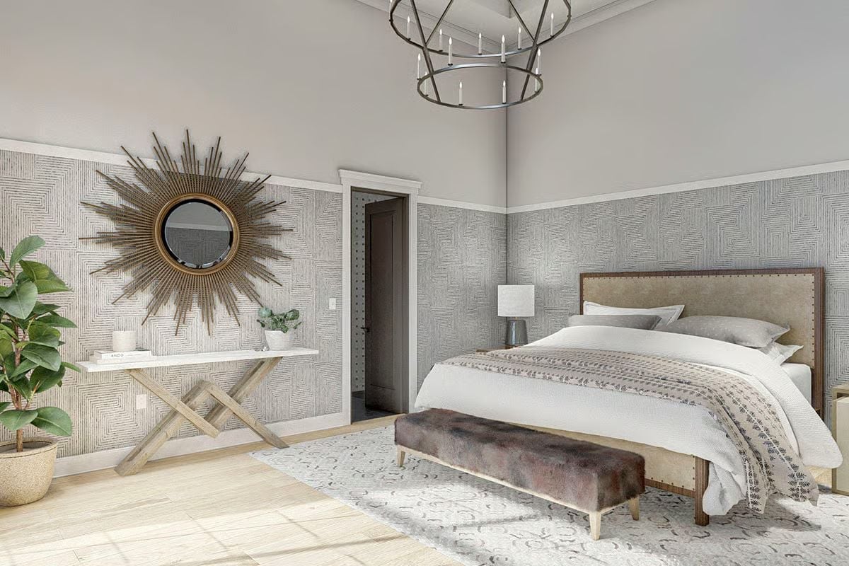 Sunburst Mirror, Velvet Bench, and Wallpaper That Sets the Whole Tone