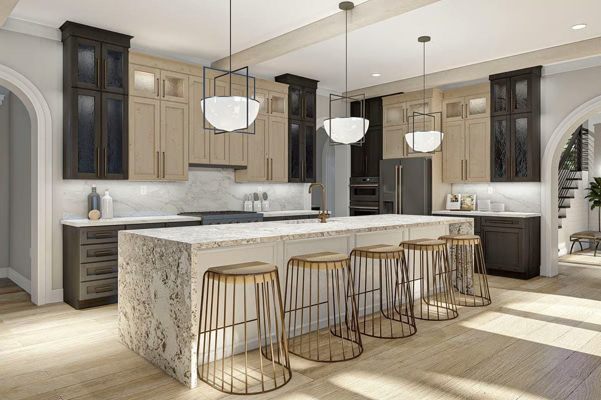Waterfall Island, Wire Stools, and Cabinets Playing Both Sides of the Neutral Spectrum