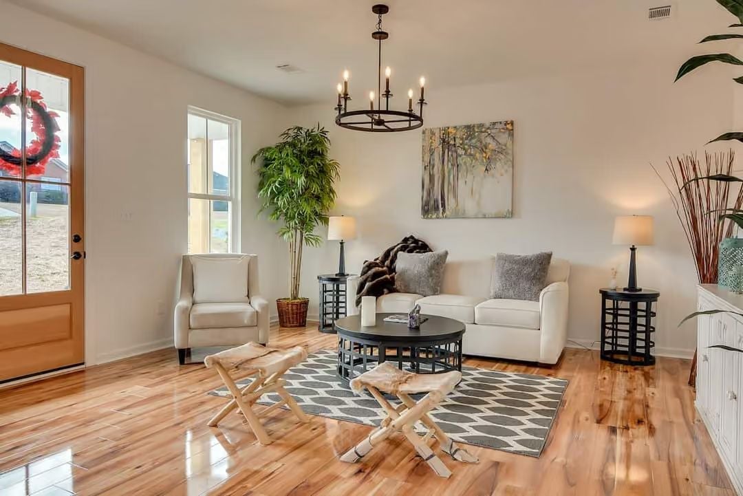 Candle-Ring Chandelier, Cowhide Stools, and a Front Door Worth Noticing