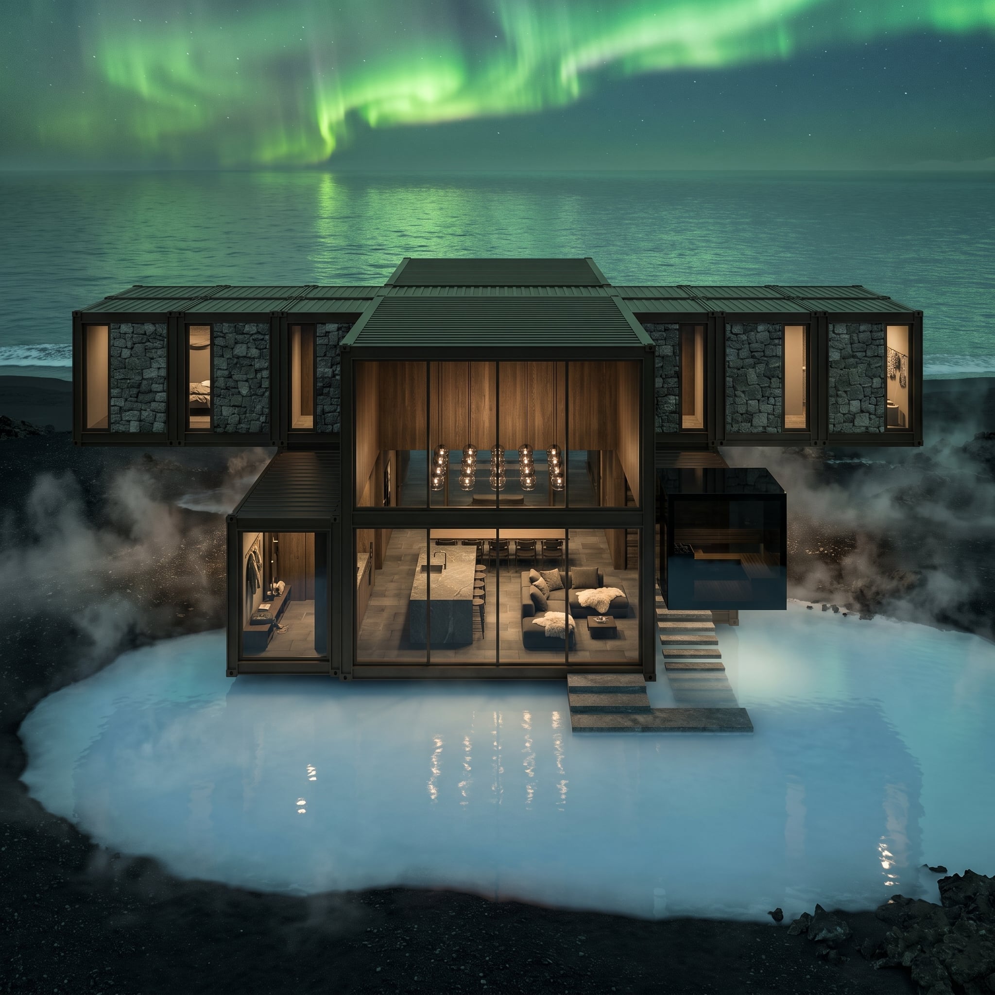 Aurora Light, Geothermal Steam, and Black Stone Cladding Around a Glowing Glass Core