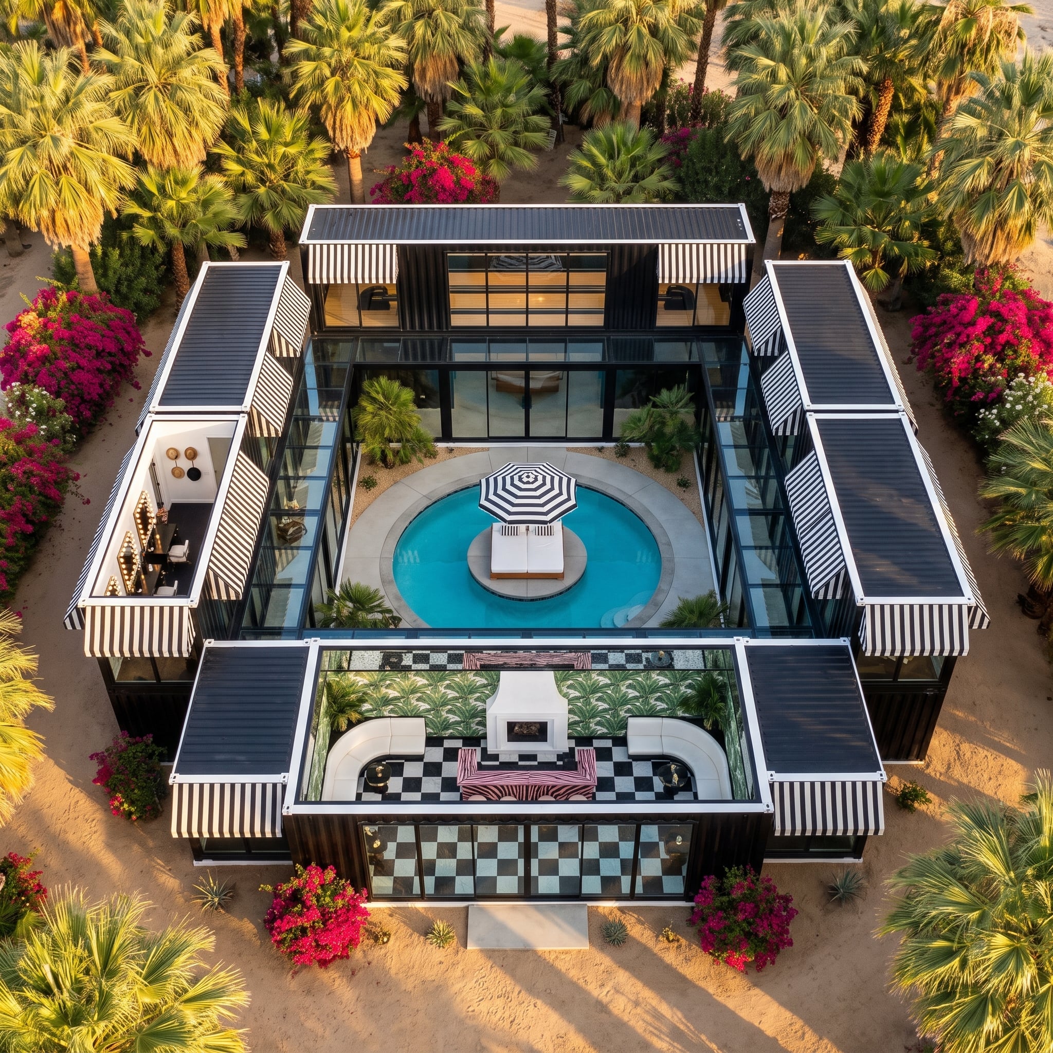 Black-and-White Stripes, a Checkerboard Courtyard, and One Round Pool at the Center