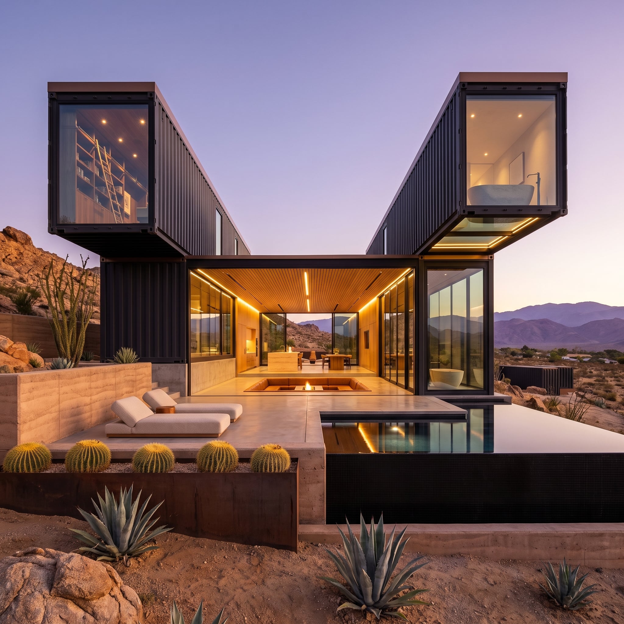 Black Steel in the Mojave, Two Cantilevered Wings, and a Fire Pit Sunk Into the Courtyard