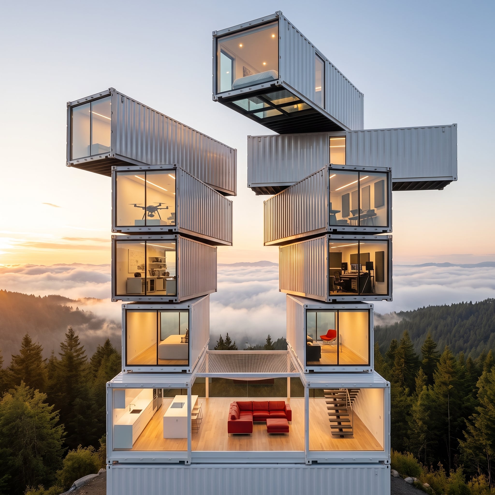 Cloud-Level Living, One Stacked Tower, and a Hammock Deck Above the Fog