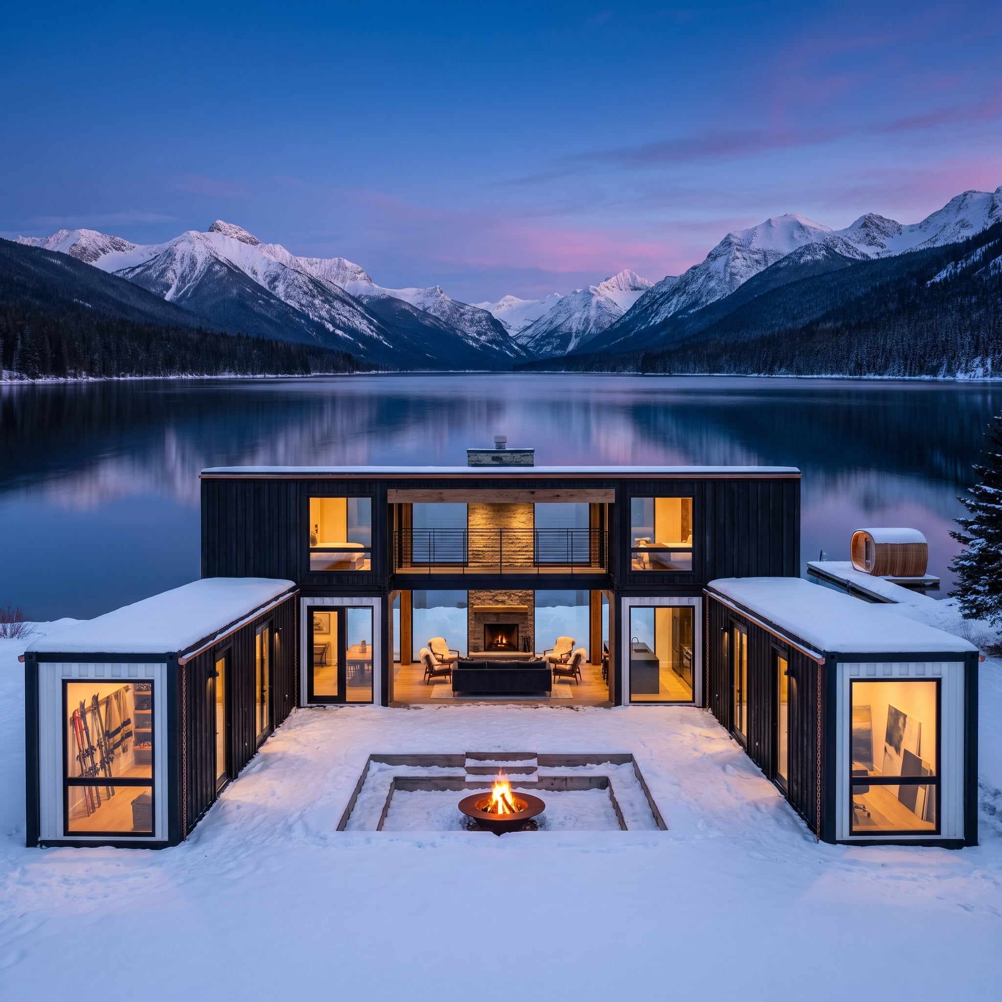 Dark Steel, a Lakeside Fire Pit, and Two Container Wings Framing a Mountain View
