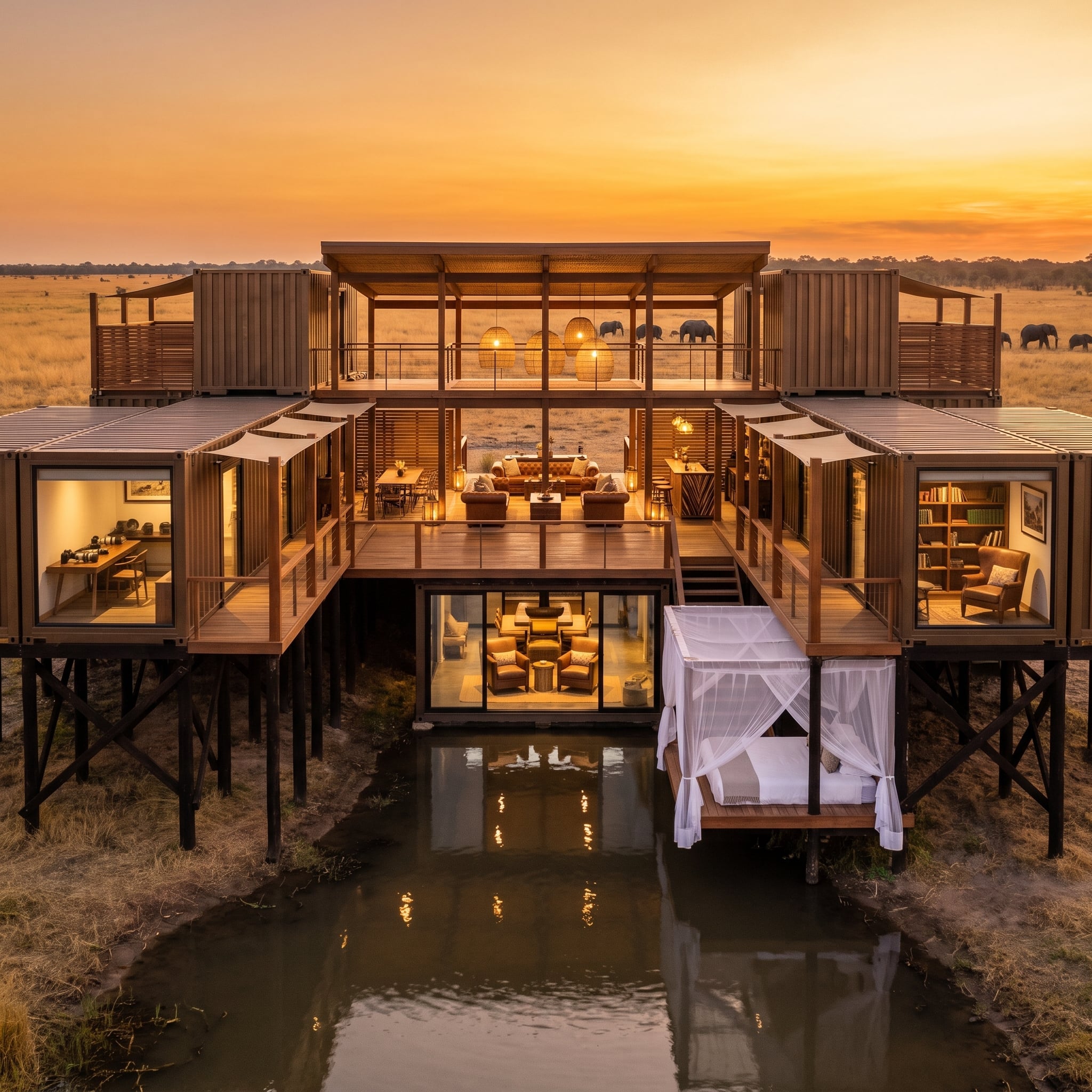 Elephants at Dusk, a Canopy Bed Over Still Water, and Containers Built for Two