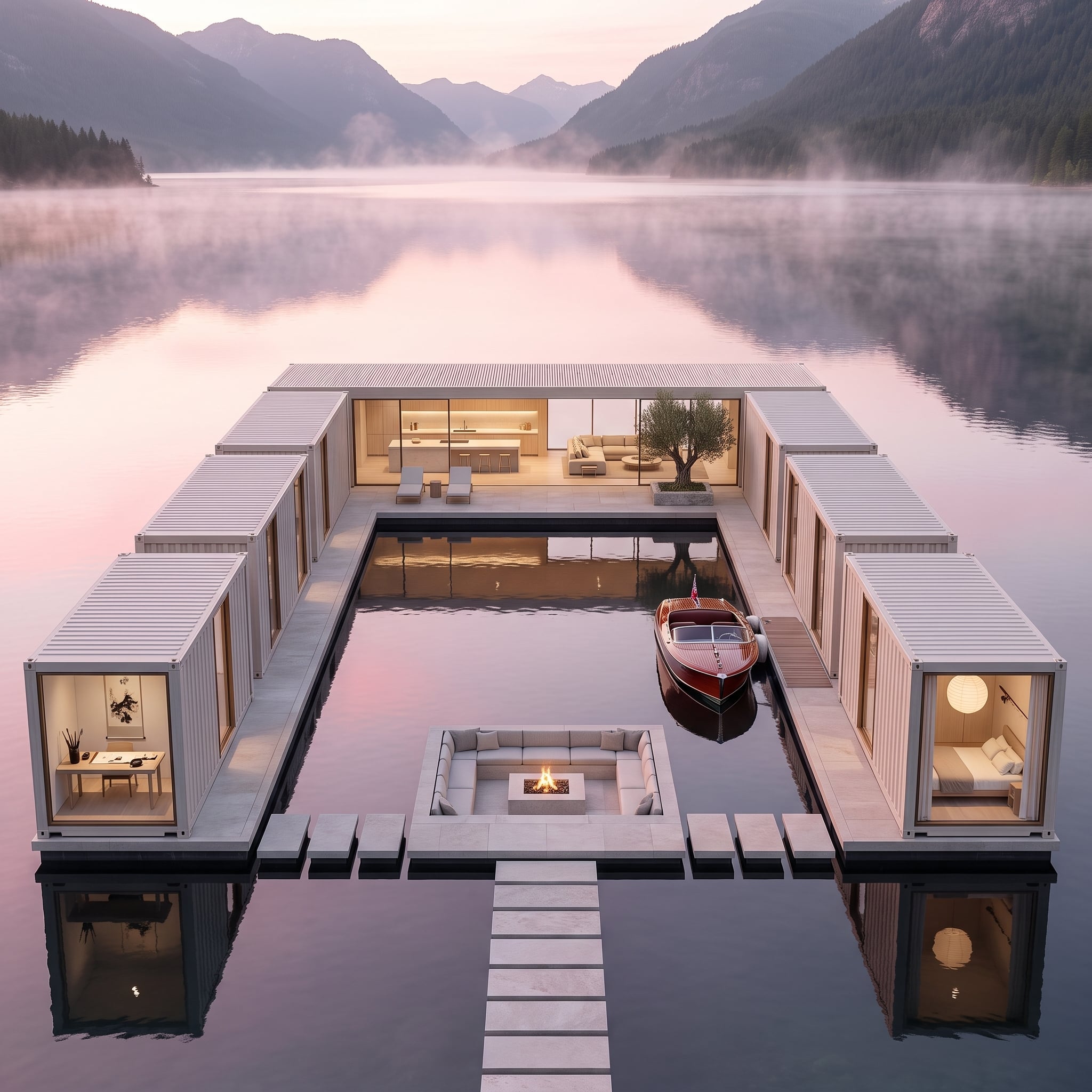 Floating on Still Water, Twelve Containers Form Two Wings and a Marina Courtyard