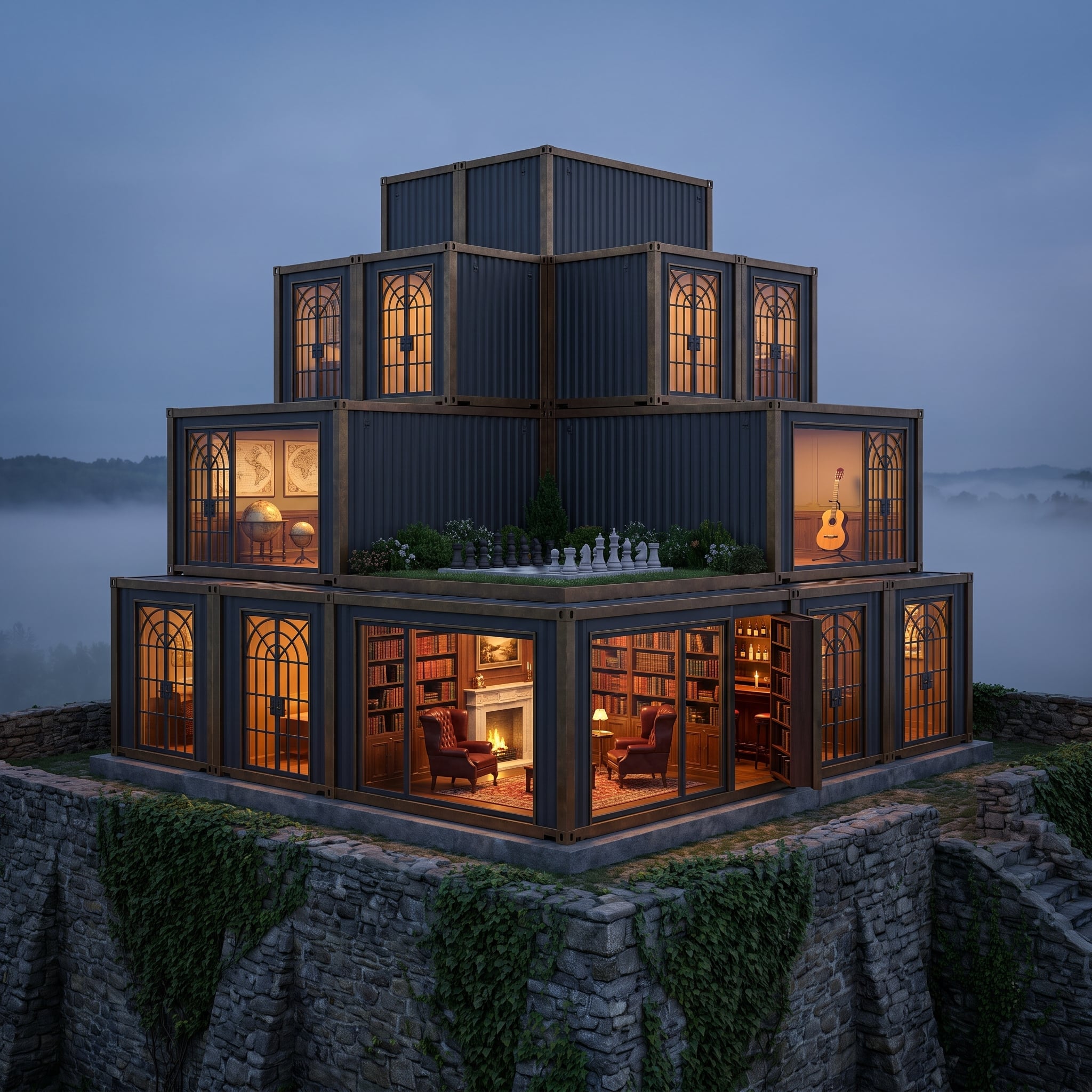 Fog, a Cliff Edge, and Glowing Library Windows Nobody Can See From the Road