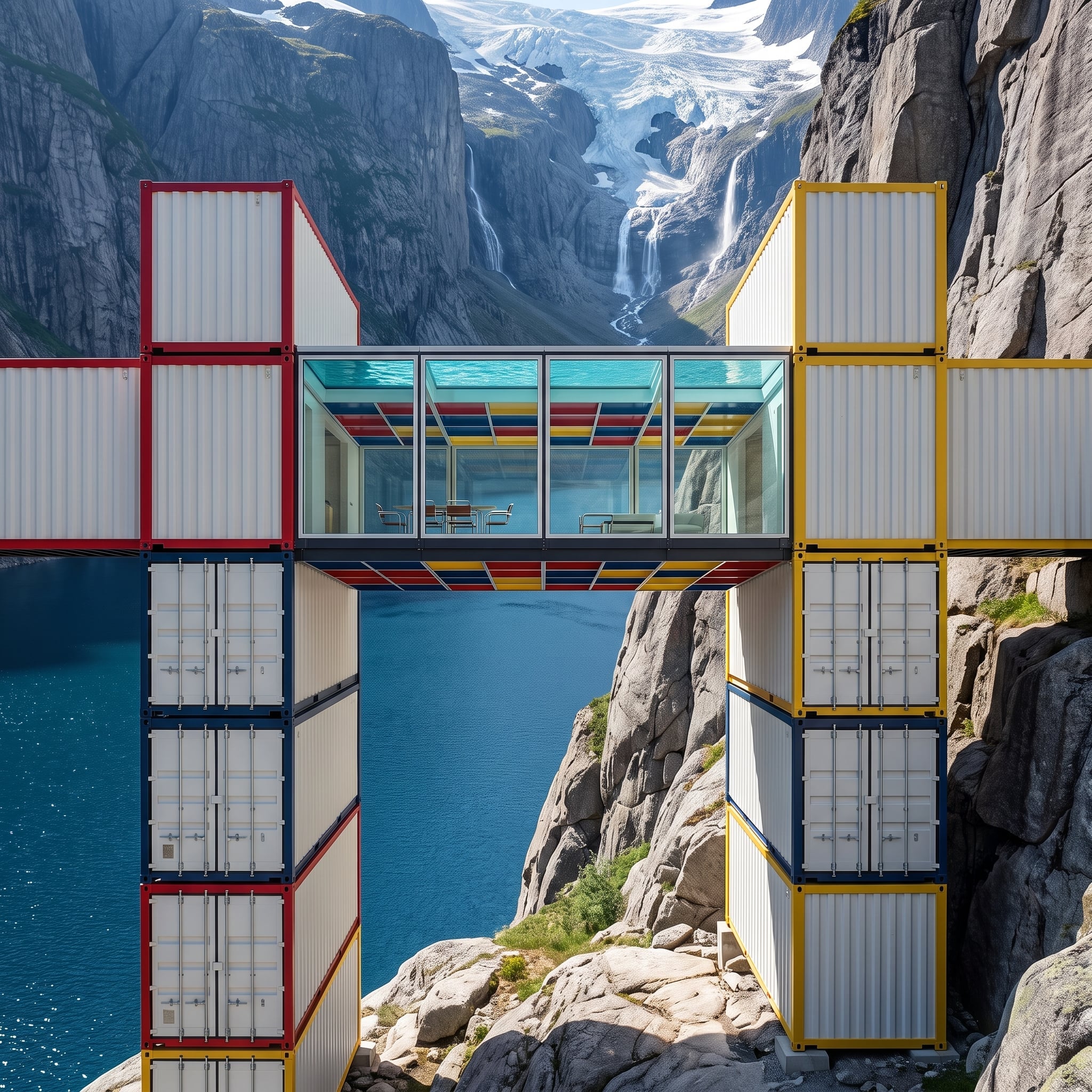 Glacier Meltwater, Glass Floors, and Two Container Towers Bridging a Fjord Landscape