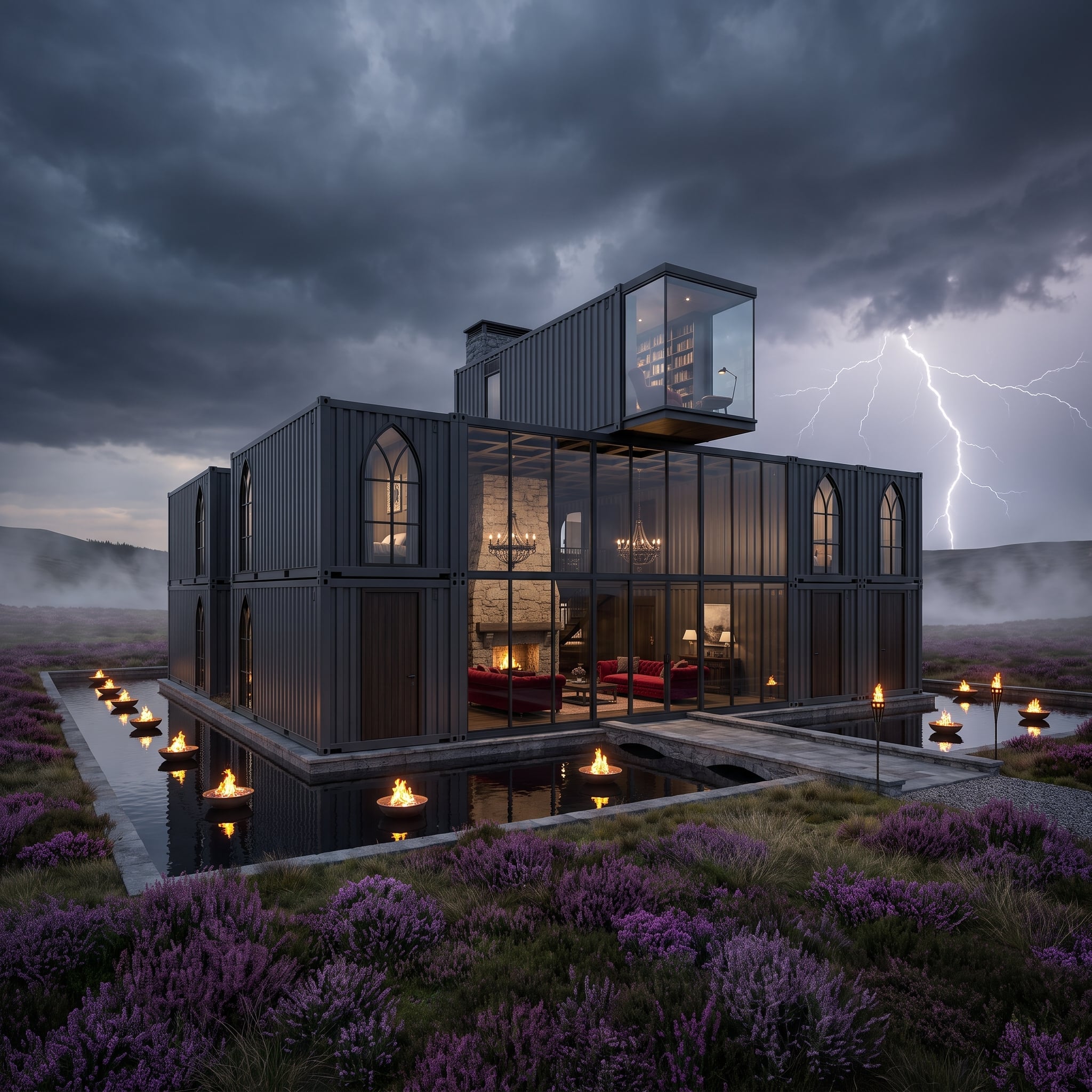 Gothic Arches, Fire Bowls on Water, and a Glass Library Floating Above the Moors