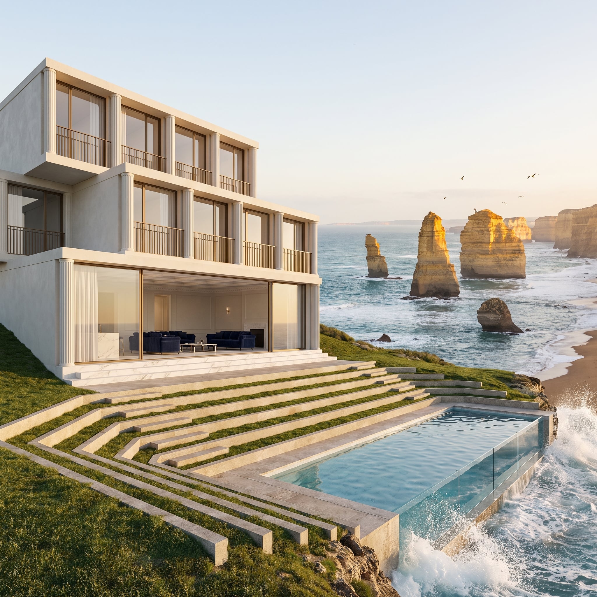 Limestone Steps, Glass Walls, and Monumental Sea Stacks as a Backdrop