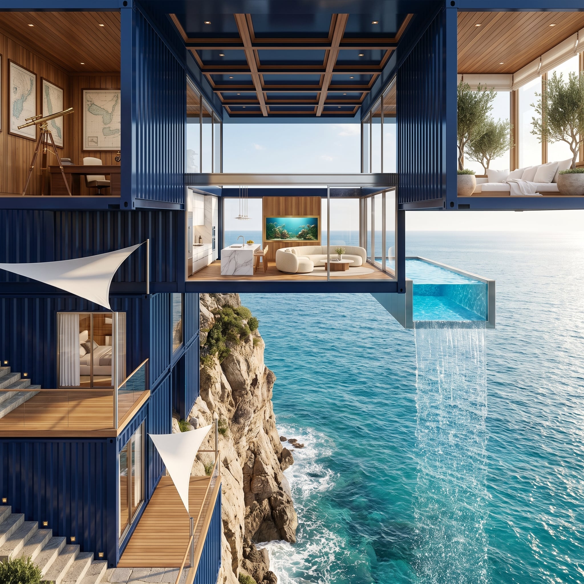 Navy Containers, a Cantilevered Pool Waterfall, and Cliff's-Edge Living at Every Floor
