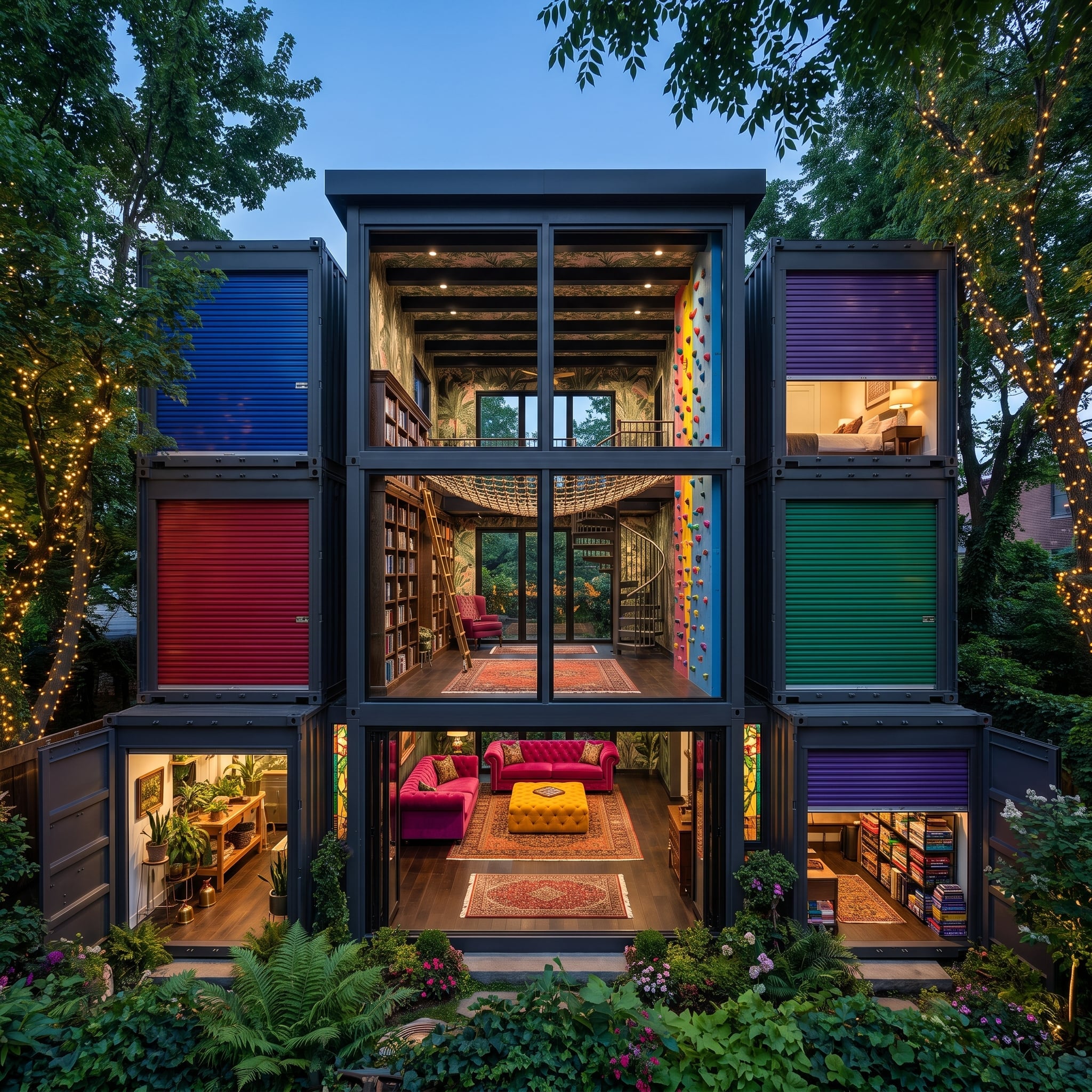 Rainbow Shutters, a Rock Climbing Wall, and Bookshelf Towers Rising Three Floors