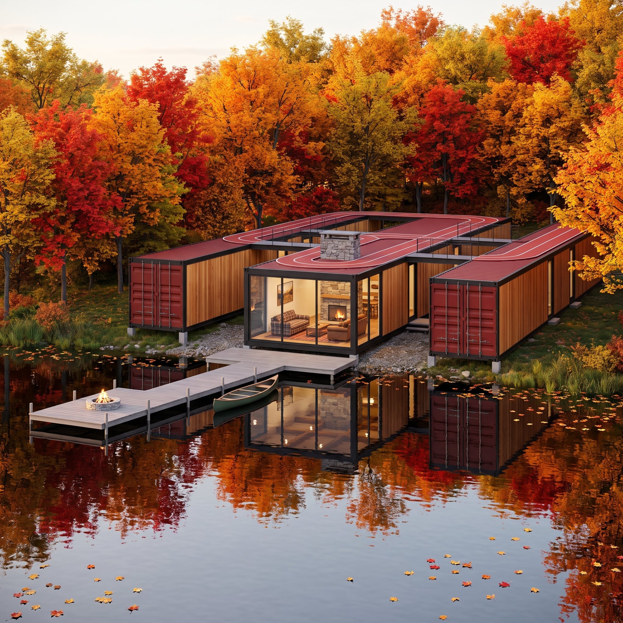 Red Containers, Cedar Cladding, and a Rooftop Running Track Above a Mirror Lake